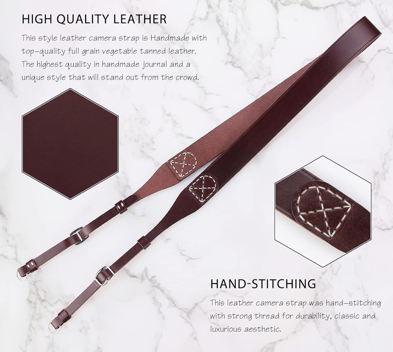 MY MEMORY Handmade Genuine Leather Camera Strap,Adjustable Camera Neck Shoulder Strap for All SLR and DSLR-Dark Brown