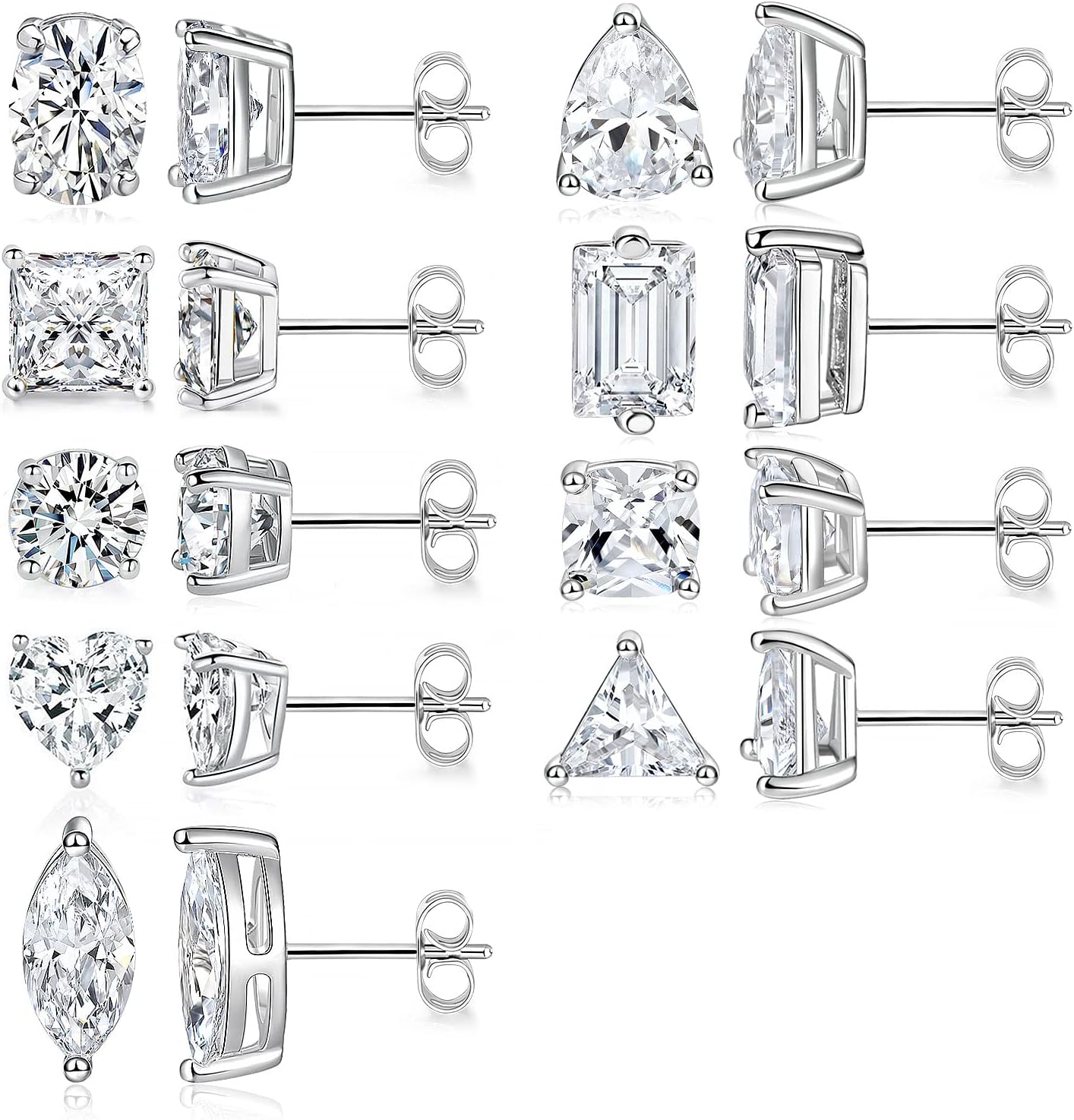 MDFUN 9 Pairs 18K Gold Plated Stud Earrings Set for Women, Cubic Zirconia Earrings Studs, CZ Diamond Jewelry Hypoallergenic, Round Square Teardrop Eye Heart Cut, Size 6-11mm