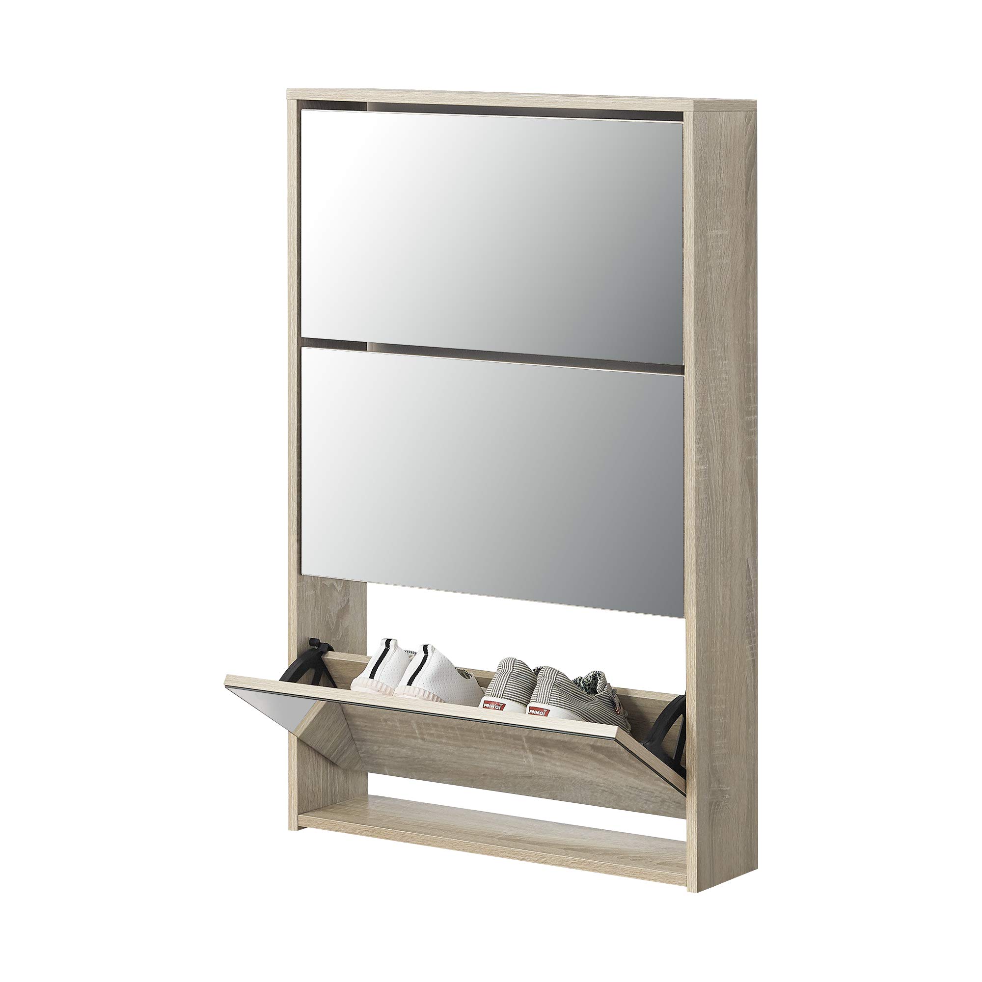 [en.casa] Scarpiera Slim con Ante a Specchio e 3 Contenitori Ribaltabili Mobile Portascarpe Salvaspazio per Ingresso Corridoio e Camera 103x63x17 cm Effetto Rovere Sonoma