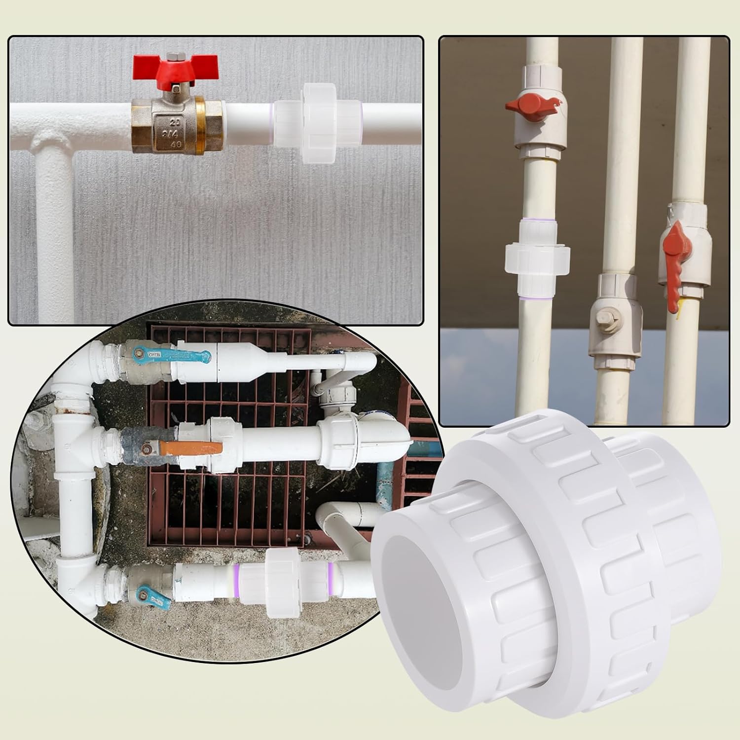 1" PVC Union Pipe Fitting, 1" PVC Slip Union Coupling Adapter (Socket x Socket) Schedule 40, EPDM O-Ring, White，4 Pack