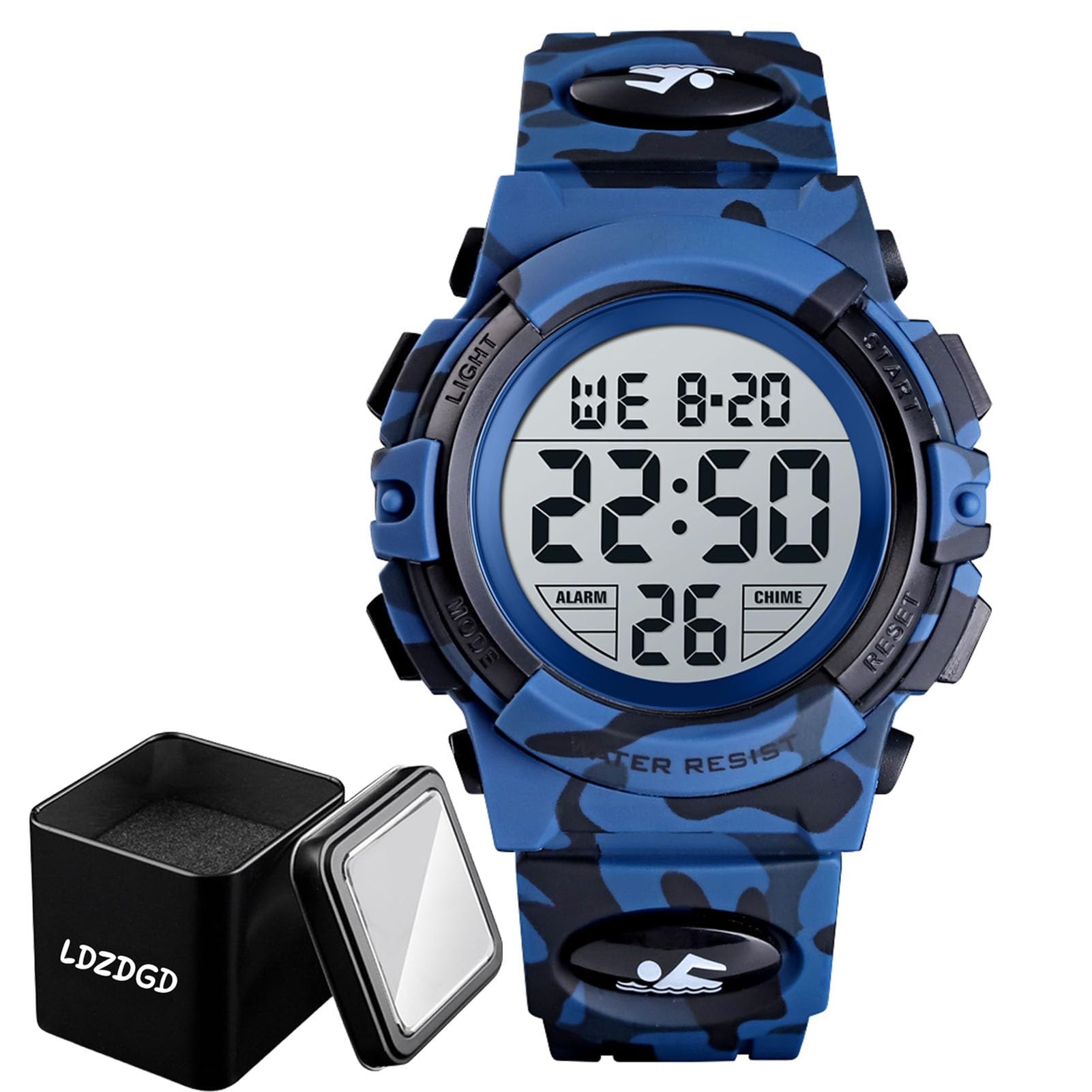 LDZDGD Water Resistant Digital Tactical Watch with LED Light Chronograph Stopwatch Alarm and Dual Time Display for Outdoor Sports and Daily Use(Dark Blue camo)