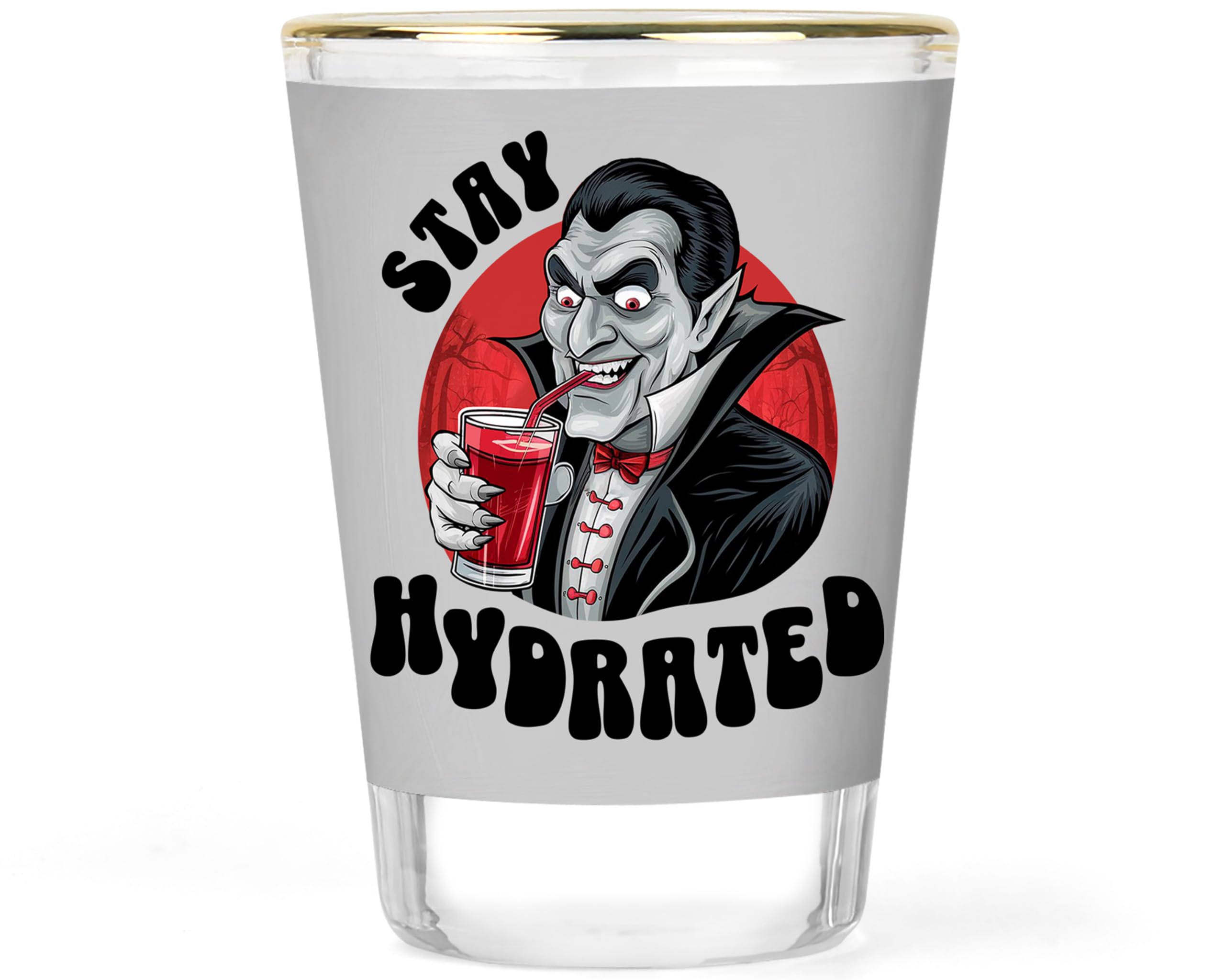 Dracula Halloween Shot Glass Blood Funny Decor Spooky Vampire Novelty Quirky Fun Themed Party Supplies Favors Barware Glassware 1.5 ounce Gold-rimmed Shooter Shooters Shotglass Shotglasses