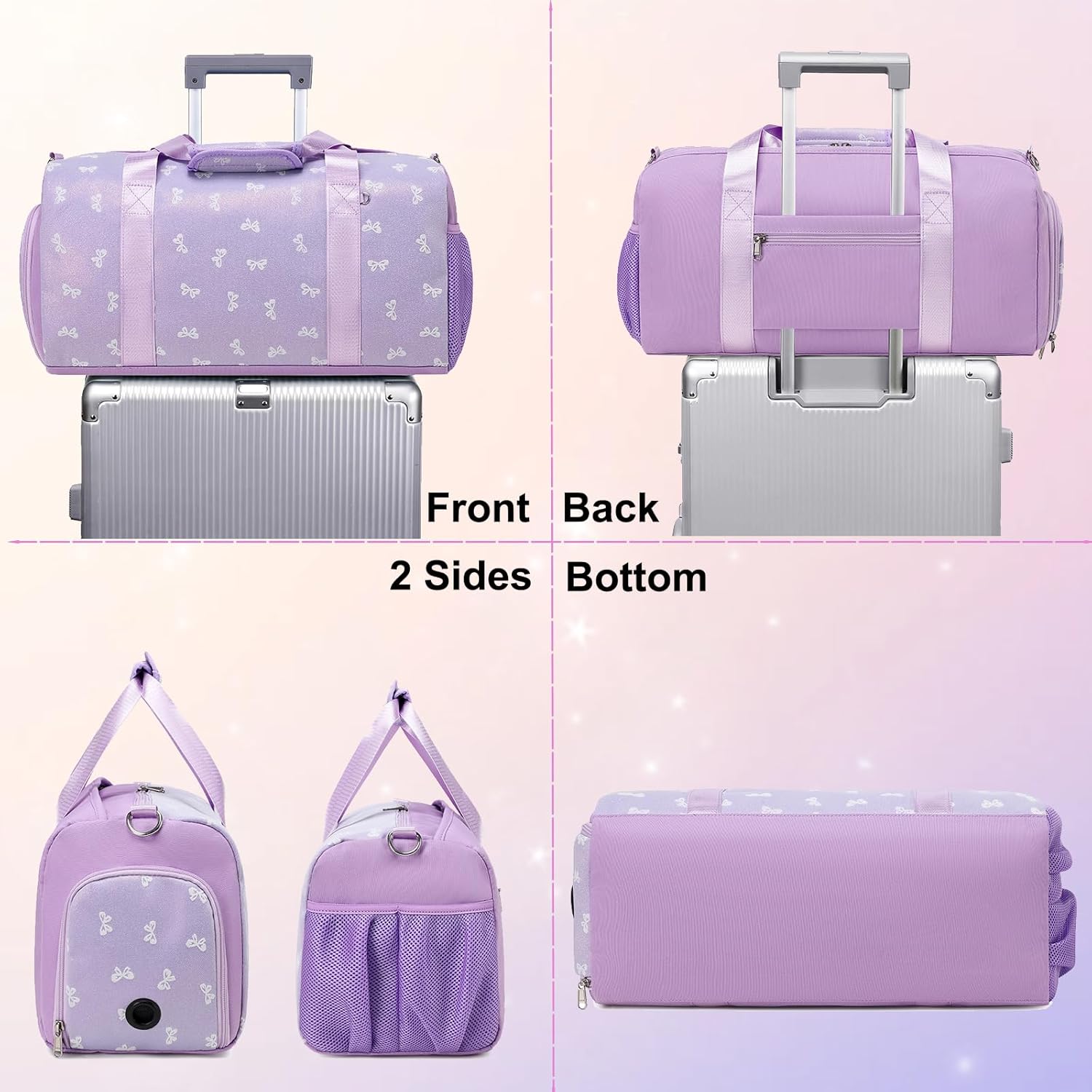Dance Dag for Girl Travel Bag Glitter Bow Sports Duffle Dag Gym Bag Ballet Bag with Shoes Compartment & Wet Separation Waterproof - Image 3