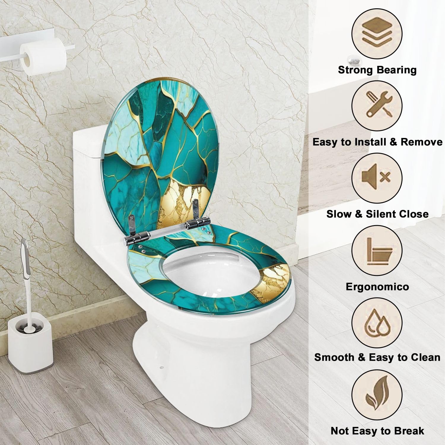 Round Toilet Seat Turquoise stone 3d abstract marbled golden inlay veins lines Marble Resin Toilet Seat with Quietly Close Quick Release Hinges Decorative Toilet Seat with Cover Easy to Install