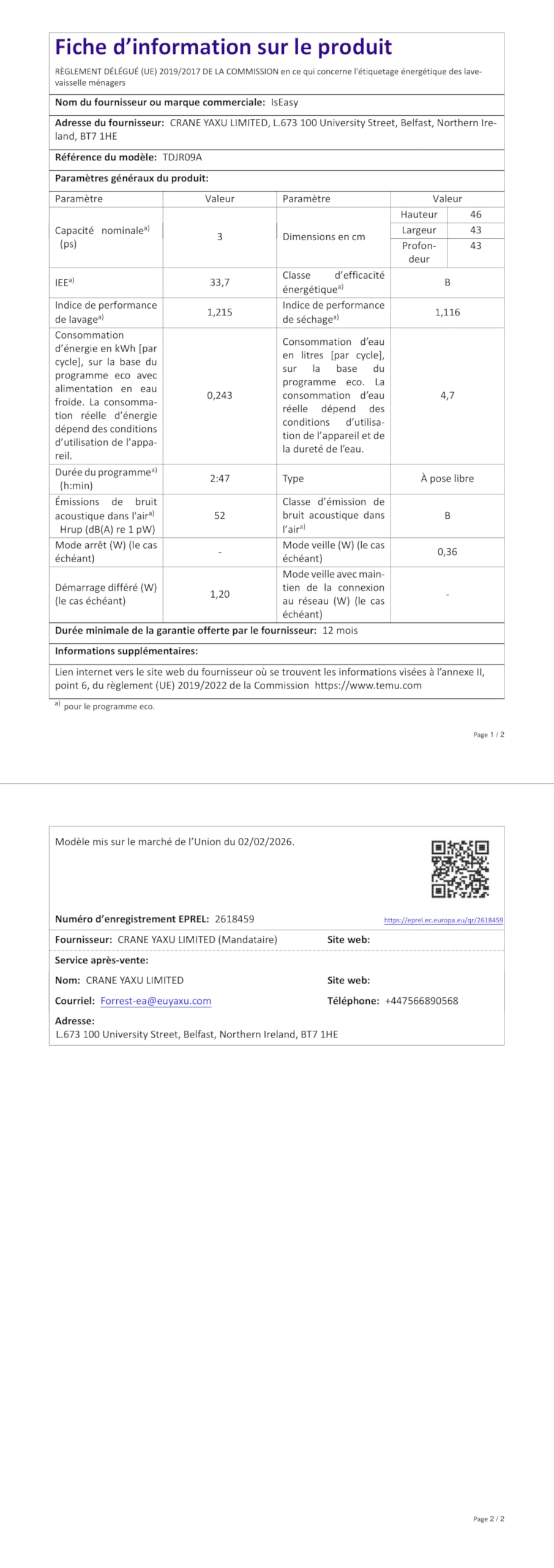 Lave-vaisselle de Table 7+3 Programmes Commande Tactile Affichage LED Réservoir d'Eau 5L