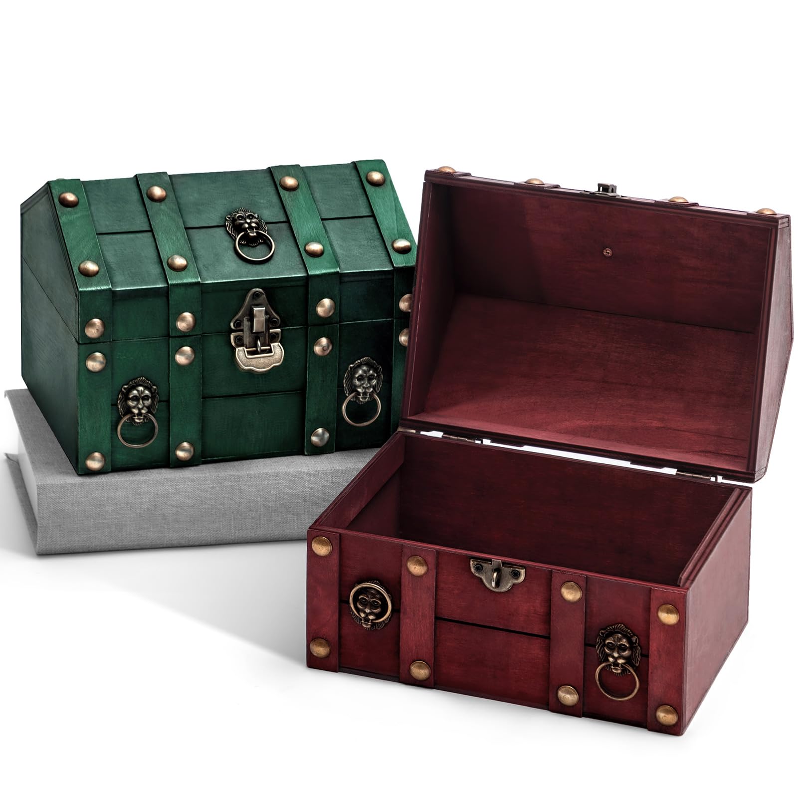 Nuanchu 2 Pcs Vintage Pirate Treasure Chest Box for Kids Gifts, Adventurous Treasure Box with Metal Lock, Wooden Storage Boxs for Women Jewelry Organize Coins Collection, Props Party Favors Decoration