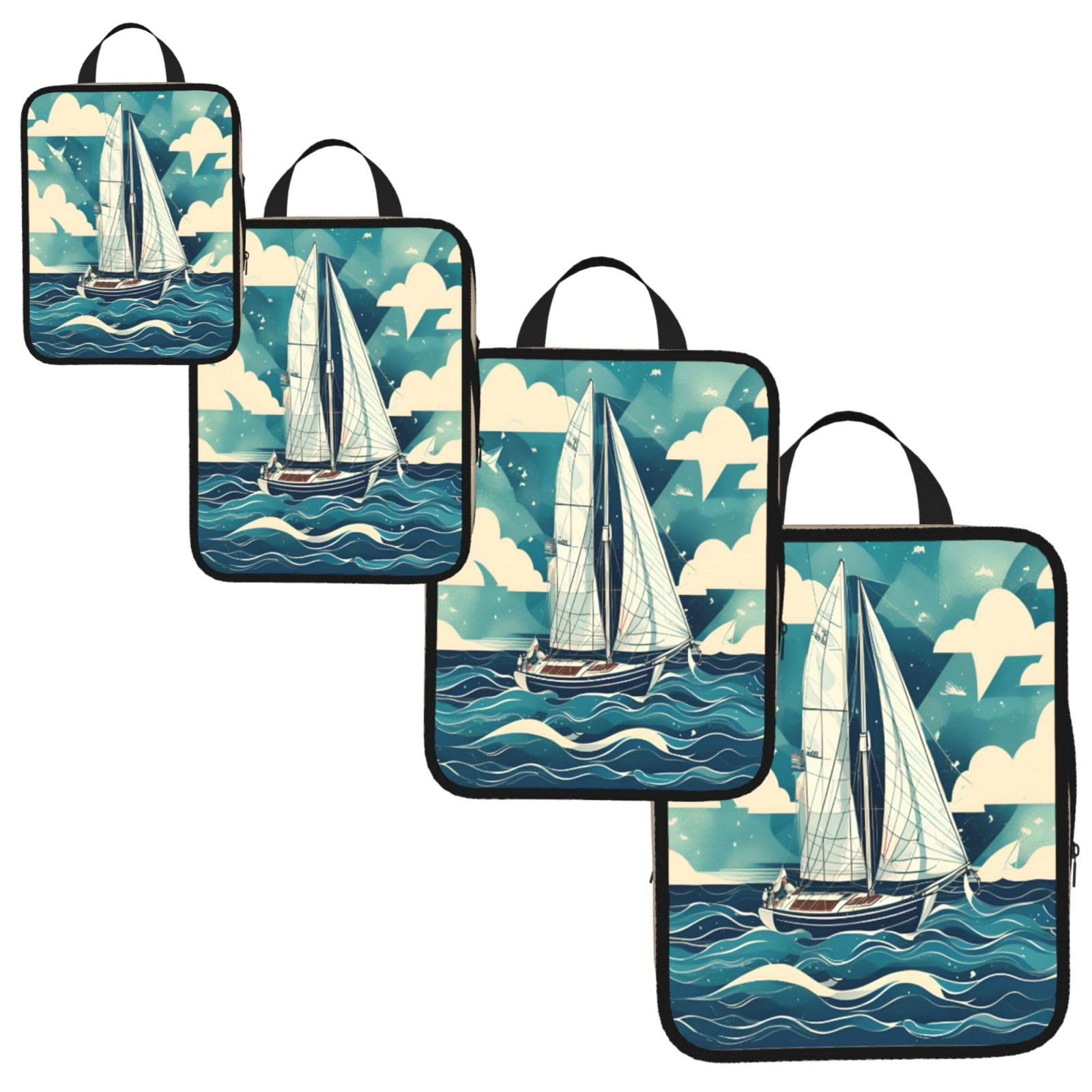 Ocean Sailboat Print 4 Set Compression Packing Cubes for Suitcases,Expandable Storage Bag Organizers