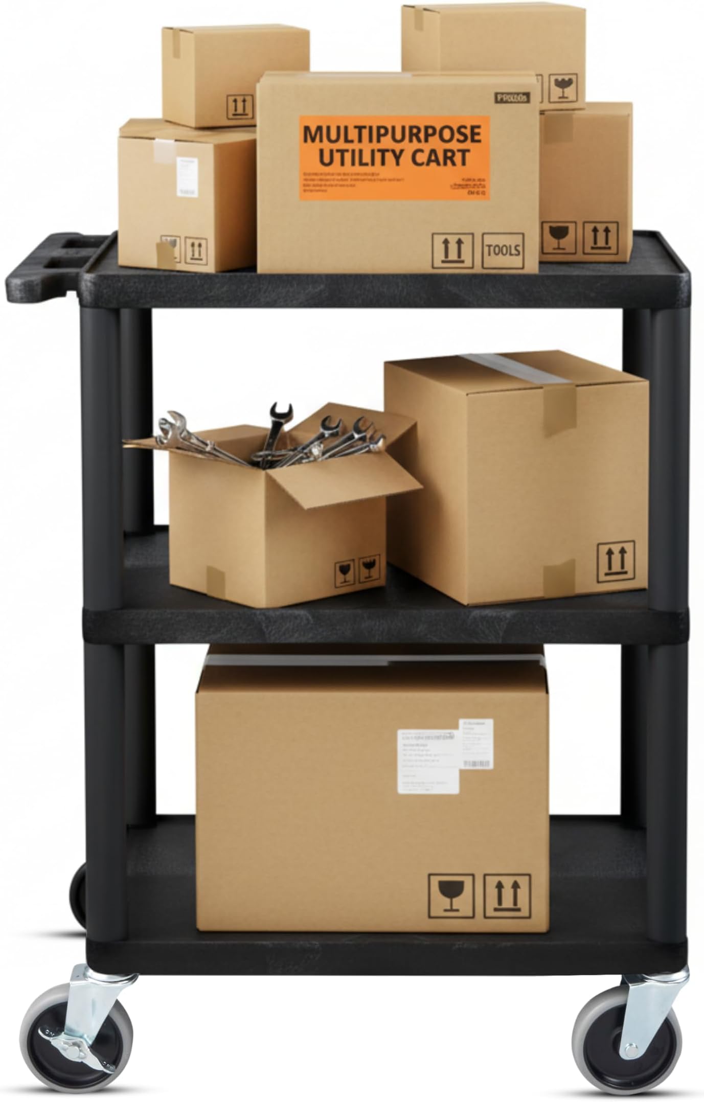 Luxor Multipurpose Storage Utility Cart 3 Shelves Structural Foam Plastic - Black
