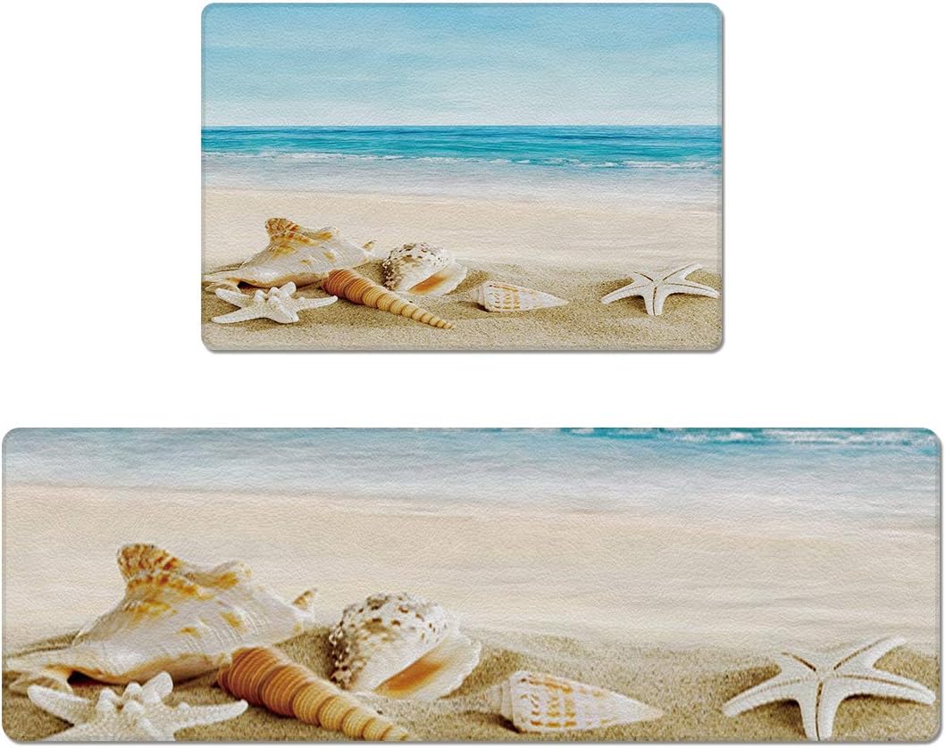 Sunteeny Kitchen Mat Set, 2 Piece Non Slip Rugs Waterproof Kitchen Rugs Beach Starfish and Shell Runner Area Rug Oil Proof Doormat Carpet Bathroom Floor Mat 18"x30"+18"x59"