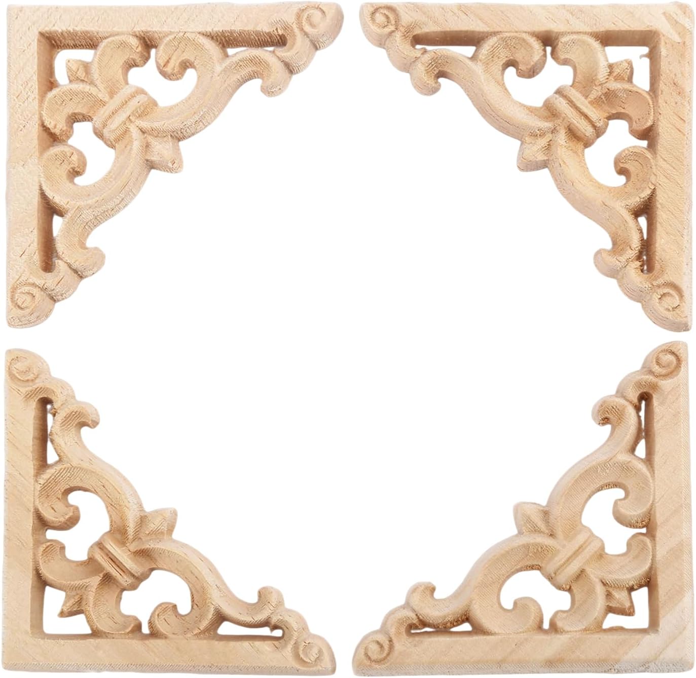 4Pcs Wood Carved Appliques Onlays, Unpainted Wooden Corner Carvings Decals | Frame Molding Set for Wall Door Mirror Cabinet Dresser Cupboard Bed Ceiling Wardrobe Mantel Closet Decor,8x8cm/3.15"x3.15"