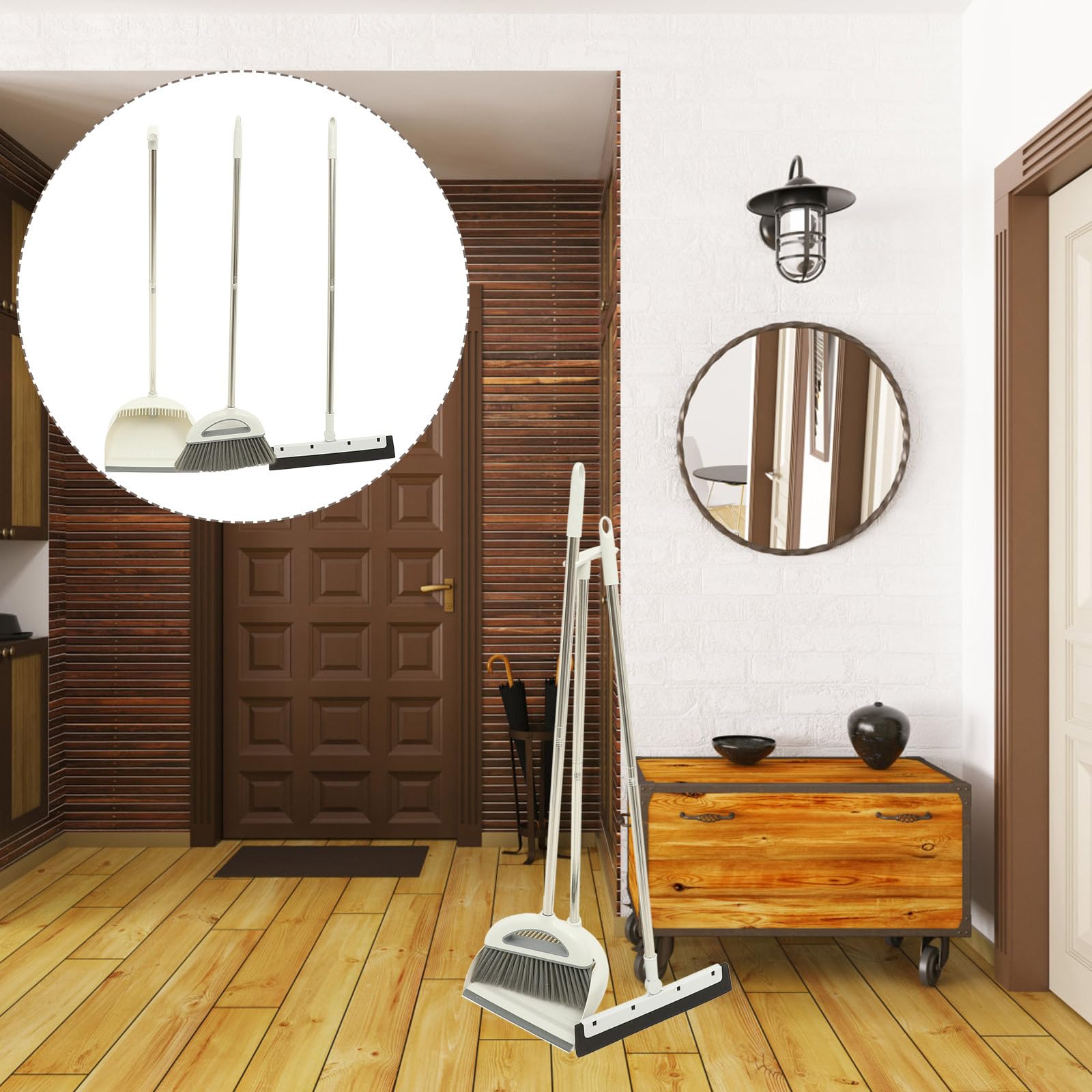 Juego de Recogedor y Escoba Doméstica Gris de 3 Piezas Mango Ergonómico Escoba Antipelusa para Limpieza de Suelos y Recogedor para Hogar Herramienta Práctica para