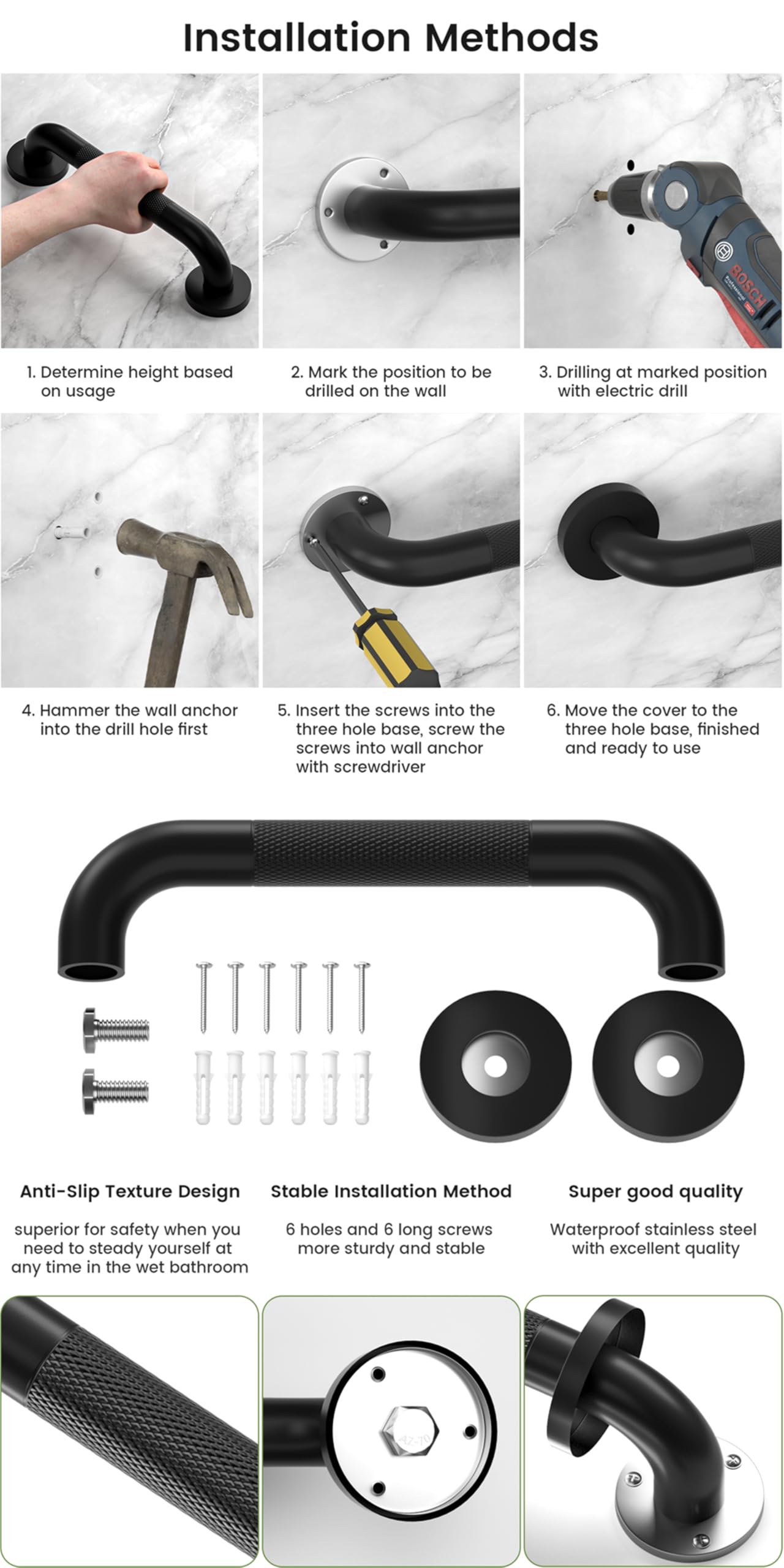 Lot de 2 barres d'appui moletées pour douche - 30,5 cm - Conforme à la norme ADA - 226,8 kg - Pour salle de bain, baignoire, douche, toilettes