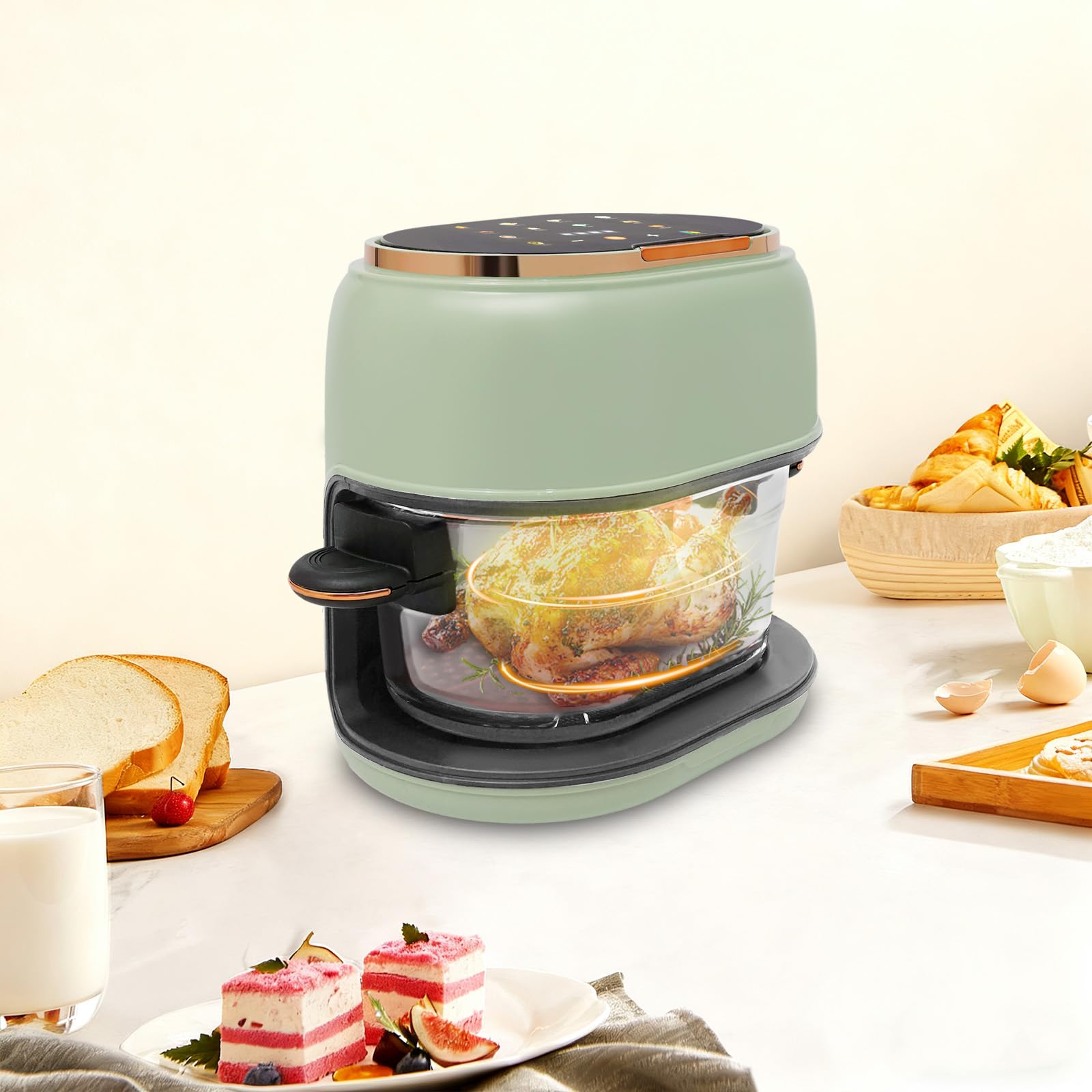 Friggitrice ad aria calda intelligente 4L 1350W Airfryer senza olio con finestra di visualizzazione, touchscreen, timer e regolazione della temperatura 80-190℃, per 2-4 porzioni, cottura a basso