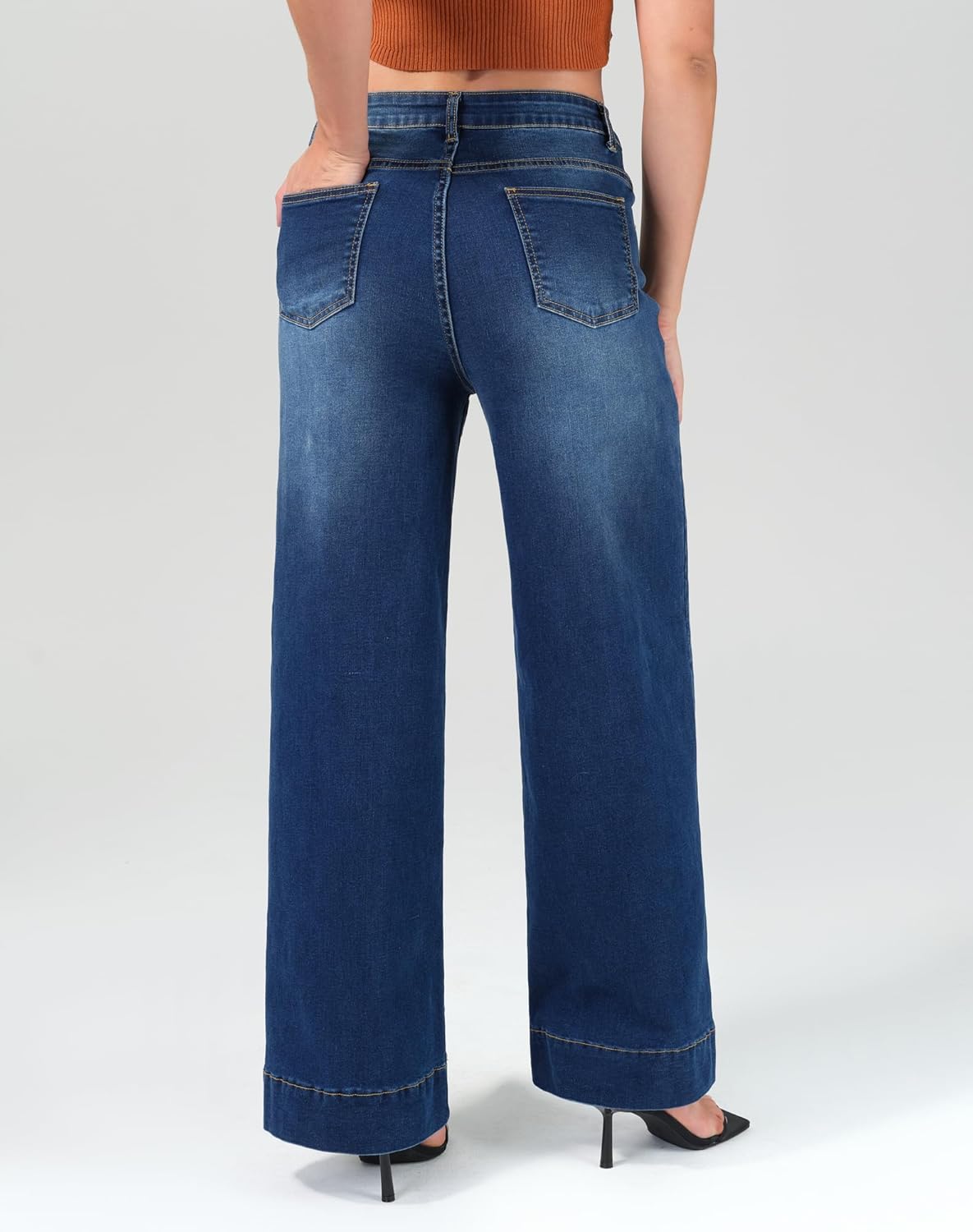 roswear Women’s Wide Leg Jeans Casual High Waisted Stretchy Baggy Loose Long Trouser Jeans