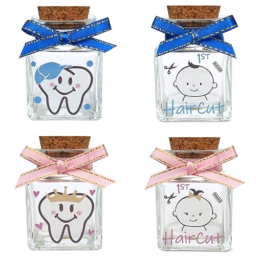HAMUIERS Tarro de recuerdo First Tooth and Curl, soporte de recuerdo de hadas de dientes de bebé y tarro de recuerdo de primer corte de pelo, para