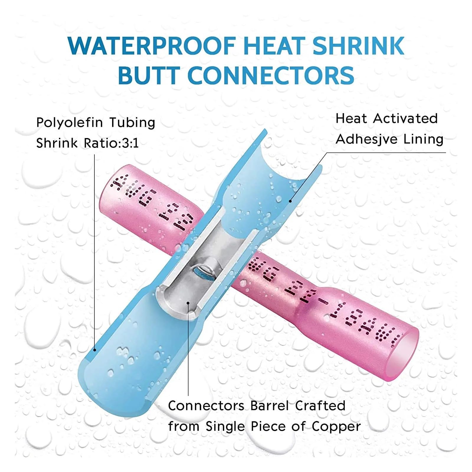 500 Conectores termorretráctiles, Alambre, Kit eléctrico de Empalme de engarzado Aislado Impermeable.(Blue)