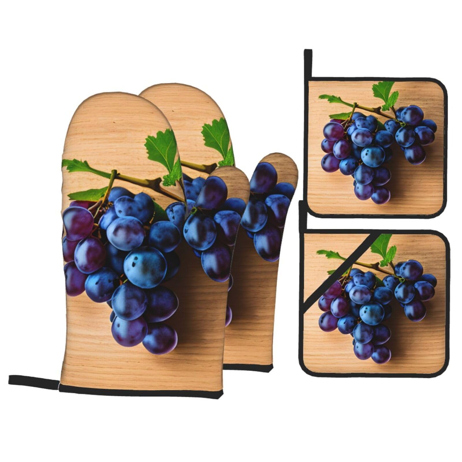 Grape pattern Print 4-Piece Oven Microwaving Set Waterproof Kitchen Gloves for Baking Grilling Cooking
