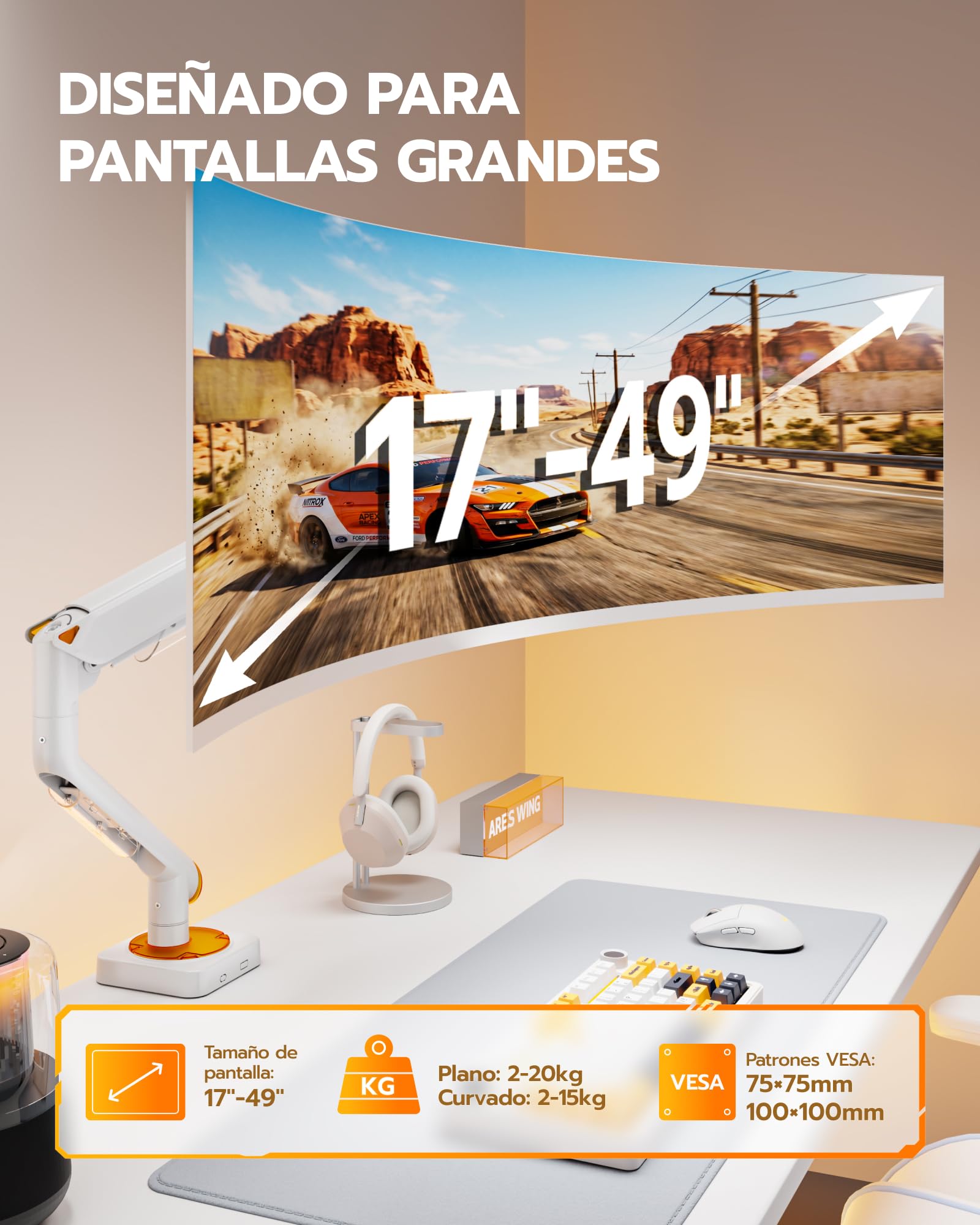 ARES WING Soporte de Monitor 17"-49" para Pantallas Planas y Curvas, Blanco | Brazo para monitor con resorte de gas, capacidad de carga de 20 kg/ brazo, compatible con VESA 75/100 mm