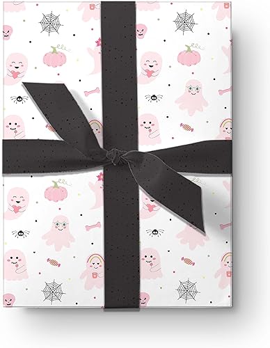 Miniatura 6 de Papel de regalo grueso de fantasma rosa lindo para decoración de Halloween, papel de regalo para niños con temática de araña de otoño (rollo de 12