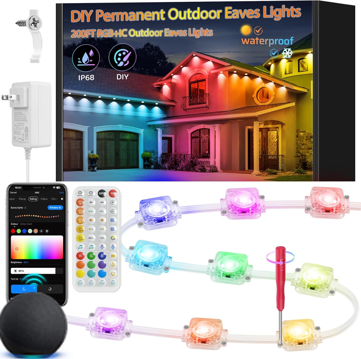 300FT IP68 WiFi DIY Design Permanent Outdoor Light,Arbitrary Trimming Smart RGB+IC Waterproof LED Eaves Lights for Christmas Decorations,Halloween,Compatible with Alexa,Google Assistant