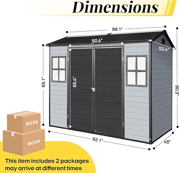 8x4ft Resin Outdoor Storage Shed with Floor and 2 Windows, Plastic Sheds & Outdoor Storage Clearance for GardenTools, Patio Furniture, Bike Accessories and Lawn Mower, Black+Grey