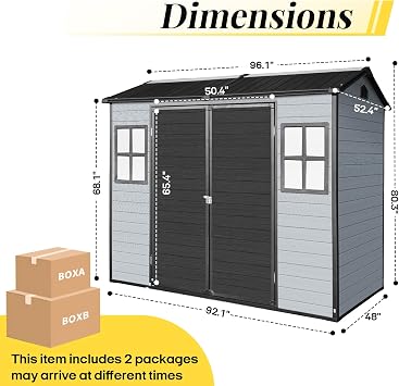 8x4ft Resin Outdoor Storage Shed with Floor and 2 Windows, Plastic Sheds & Outdoor Storage Clearance for GardenTools, Patio Furniture, Bike Accessories and Lawn Mower, Black+Grey