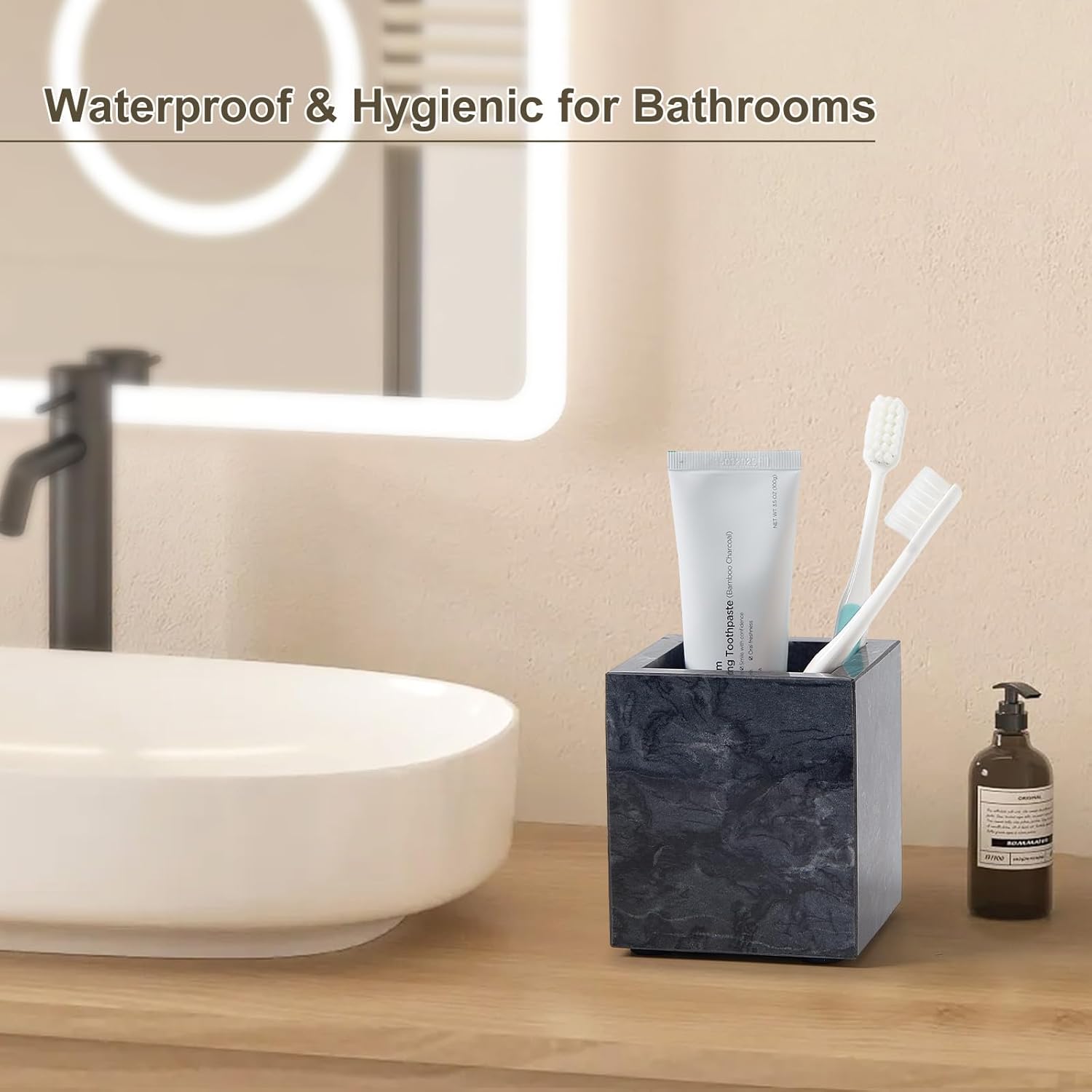 Scalloped Marble Tray and Holder Set - Coordinated Bathroom Vanity Organizer for Jewelry, Cosmetics, Toothbrush, Pens | Decorative Stone Tray with Non-Slip Pads