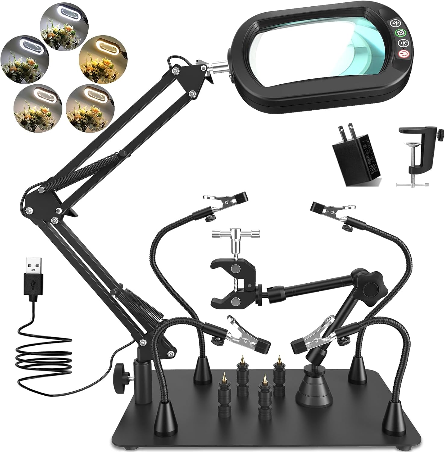 Drdefi Helping Hands Soldering Station, Heavy Duty Magnetic Metal Soldering Clamp, 10X Magnifying Glass with Light, 360° Hot Air Gun Holder, 4 Magnetic Third Hands & 4 PCB Holders for Repair Soldering