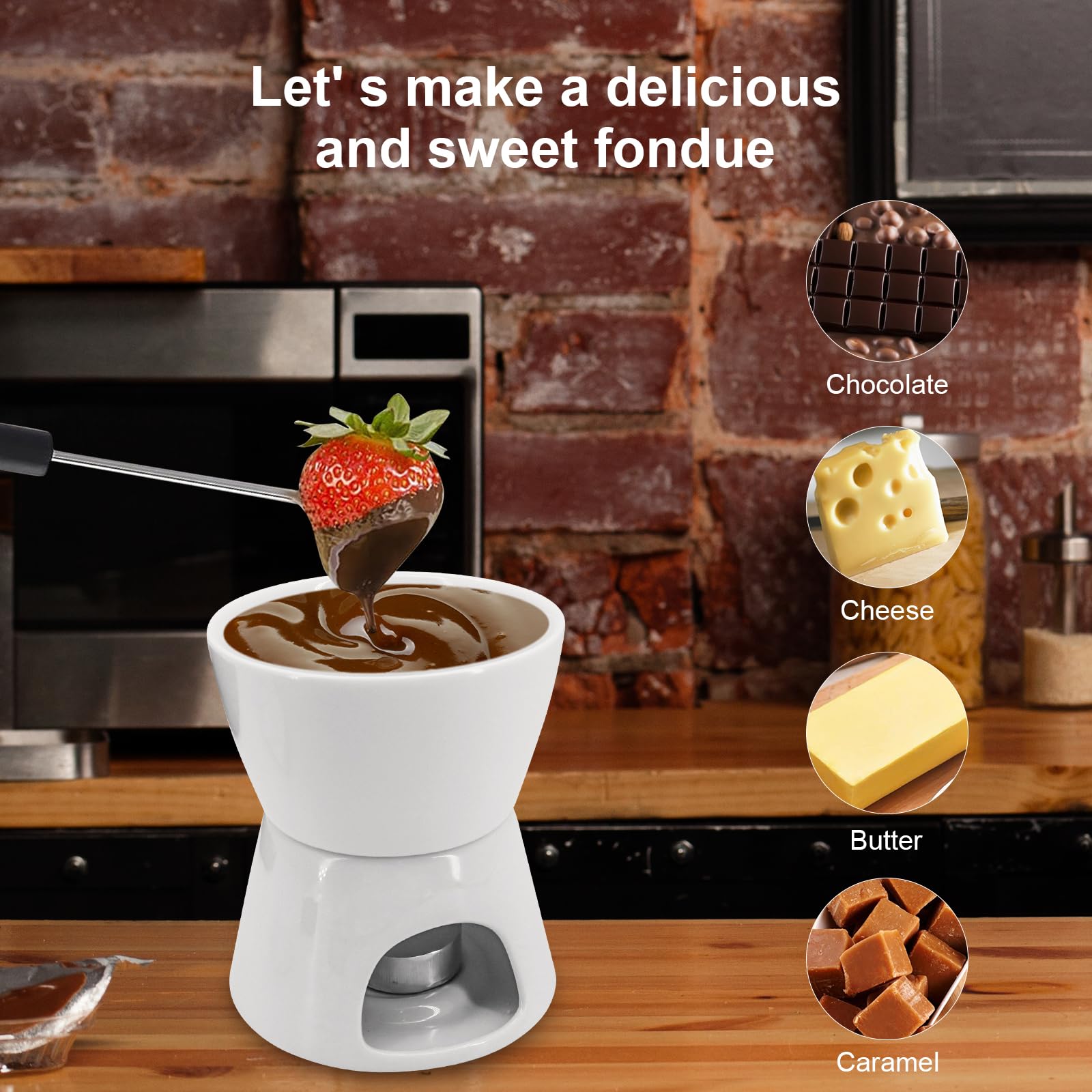 Set Fonduta Cioccolato E Formaggio Non Elettrico - 4 Forchette + Piatti In Ceramica - Foto 5