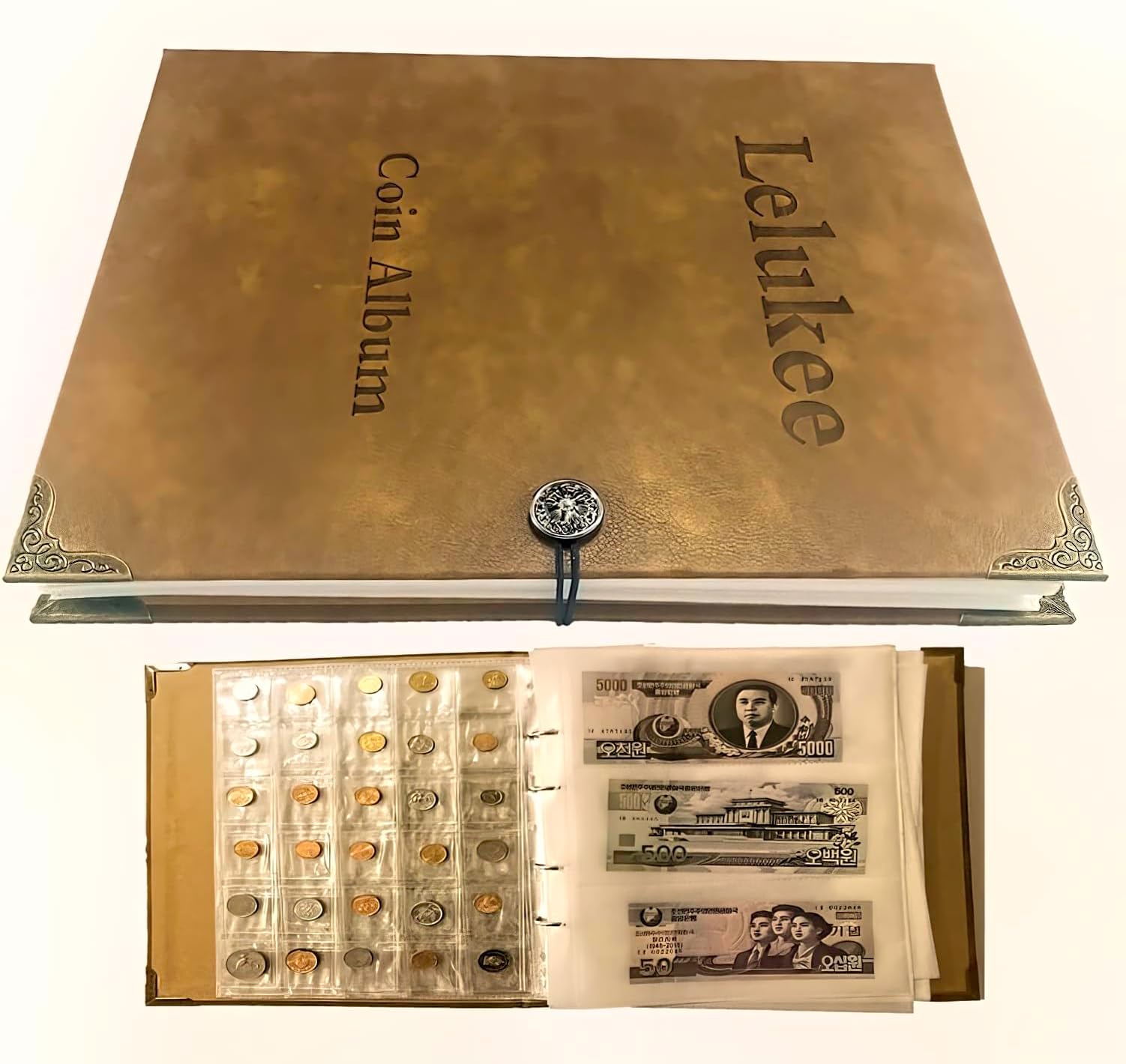 Collector Wallet Banknote Album Holds 240 Banknotes + 150 Coin Compartments Banknote Commemorative Coins Moisture Resistant Leather Album Collecting Accessories