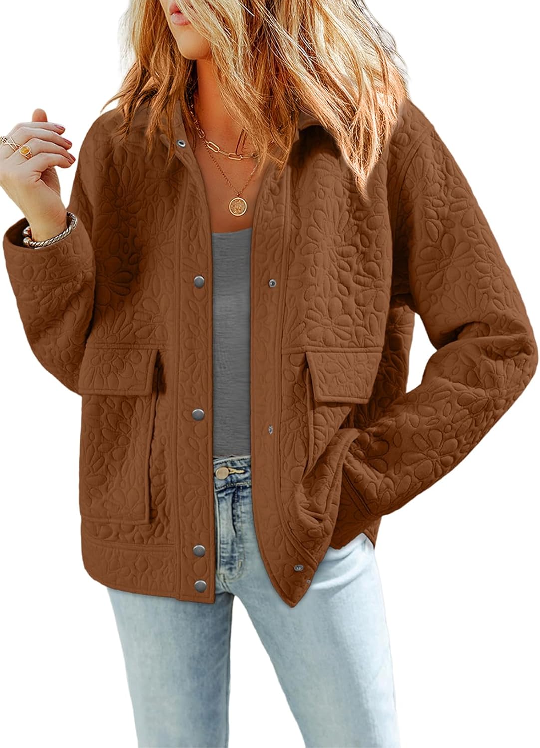 Dokotoo Jackets for Women Casual Long Sleeve Collared Jacquard Coats Trendy Button Down Shacket Jacket with Pockets