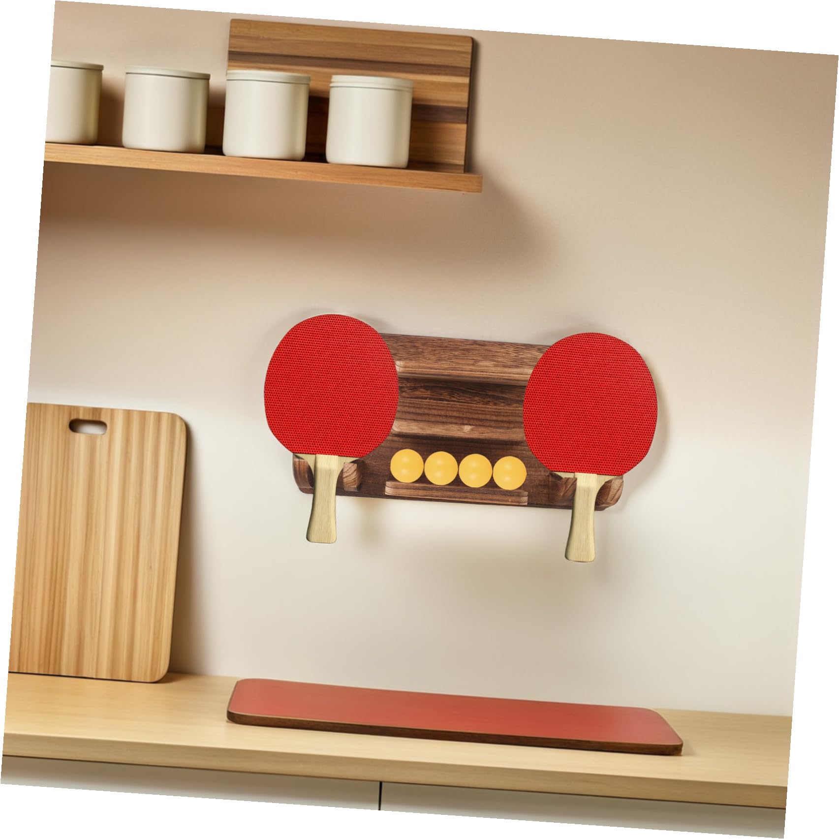 Toyvian Soporte de Madera Montado en Pared para Palas de Ping Pong y Balones, Almacenamiento Ahorrador de Espacio 4 Niveles para 12 Balones y 6 Palas, Adecuado para Sala de Bar o Cueva