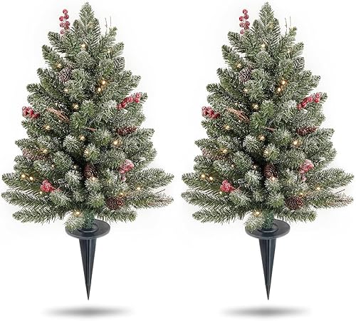 Miniatura 7 de OasisCraft Paquete de 2 árboles de Navidad para exteriores de 24 pulgadas, árbol de Navidad flocado con 50 luces LED, árbol de Navidad pequeño