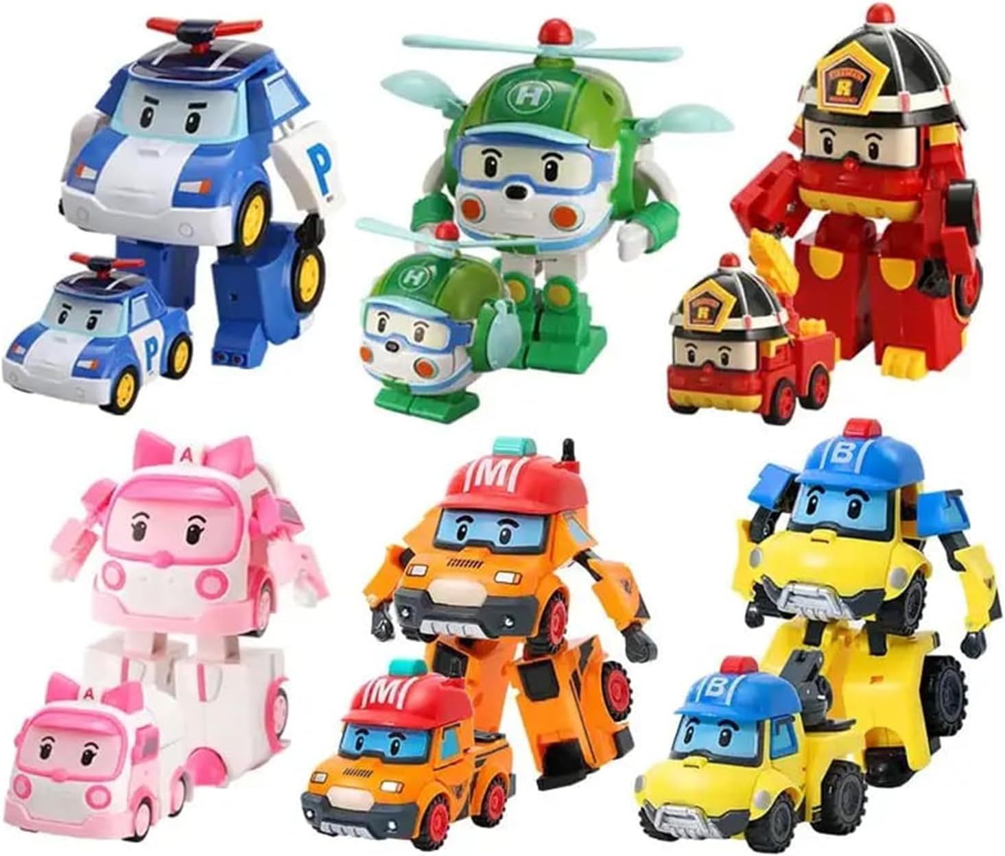 SKEIDO 6 Styles Cartoon School Bus Model Poly Poli Car Transformation Robot Transformation Anime Action Fgure Police Car Amblance Vehicles Helicopter sets