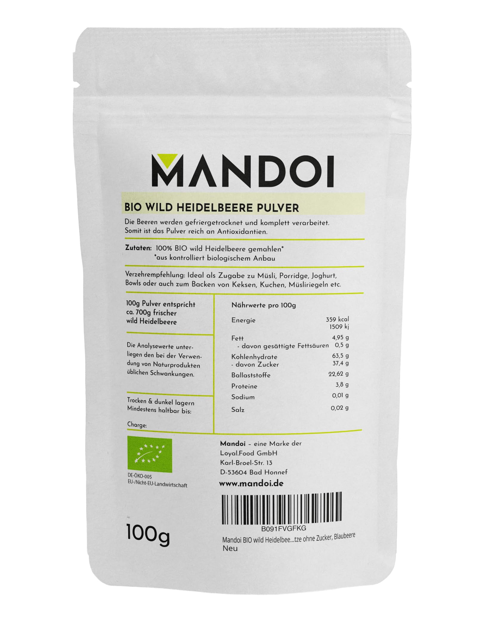 Mandoi BIO wild Heidelbeere Pulver, 100g organic wild blueberry 100% Fruchtpulver ohne Zusätze ohne Zucker, Blaubeere