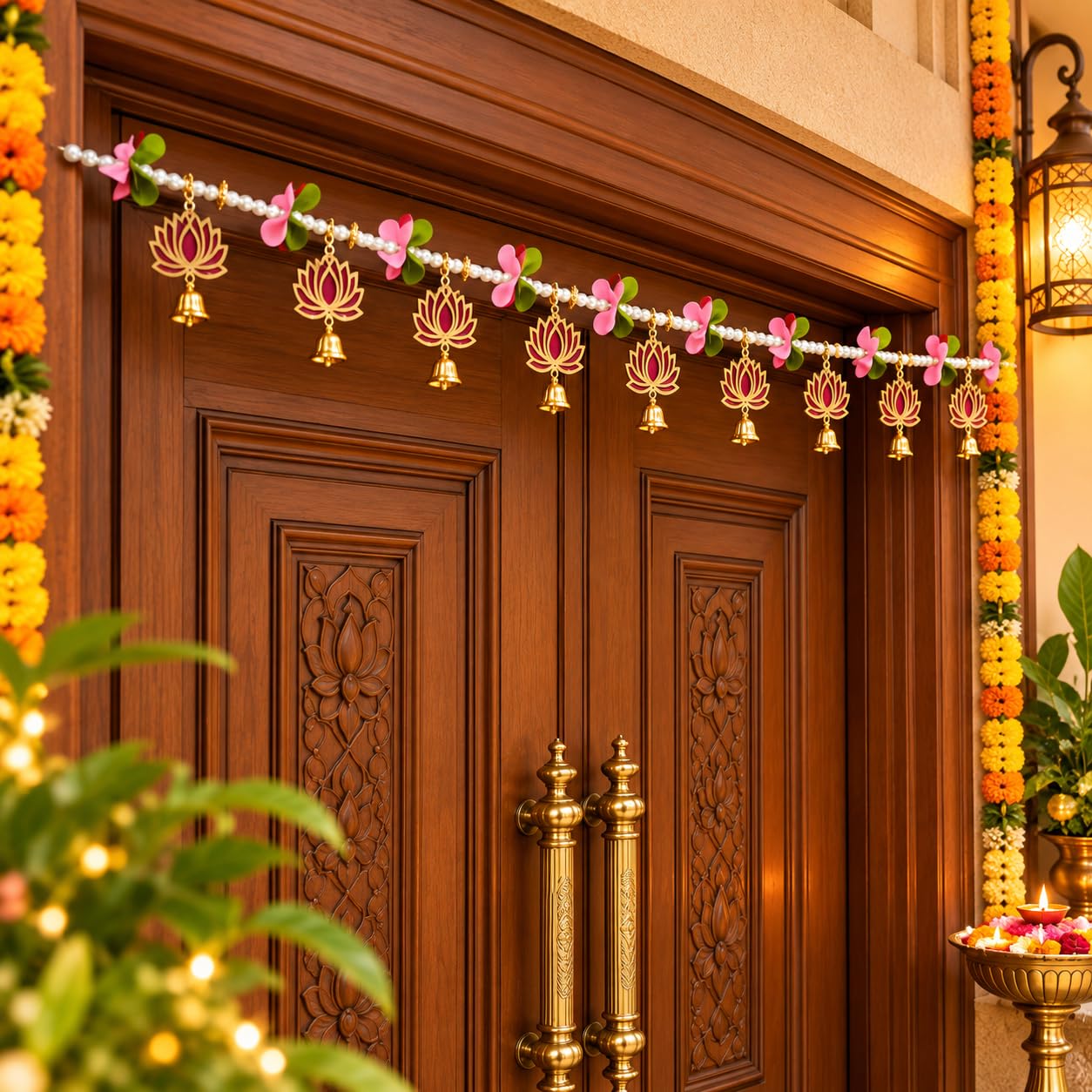 CraftVatika Lotus Toran Bandarwal for Main Door Entrance, Bandhanwar for Wall Home Door Decoration Items, Diwali Decorations Items Wall Hanging, Festive Diwali Decor, Onam Pongal Wedding Decor Items