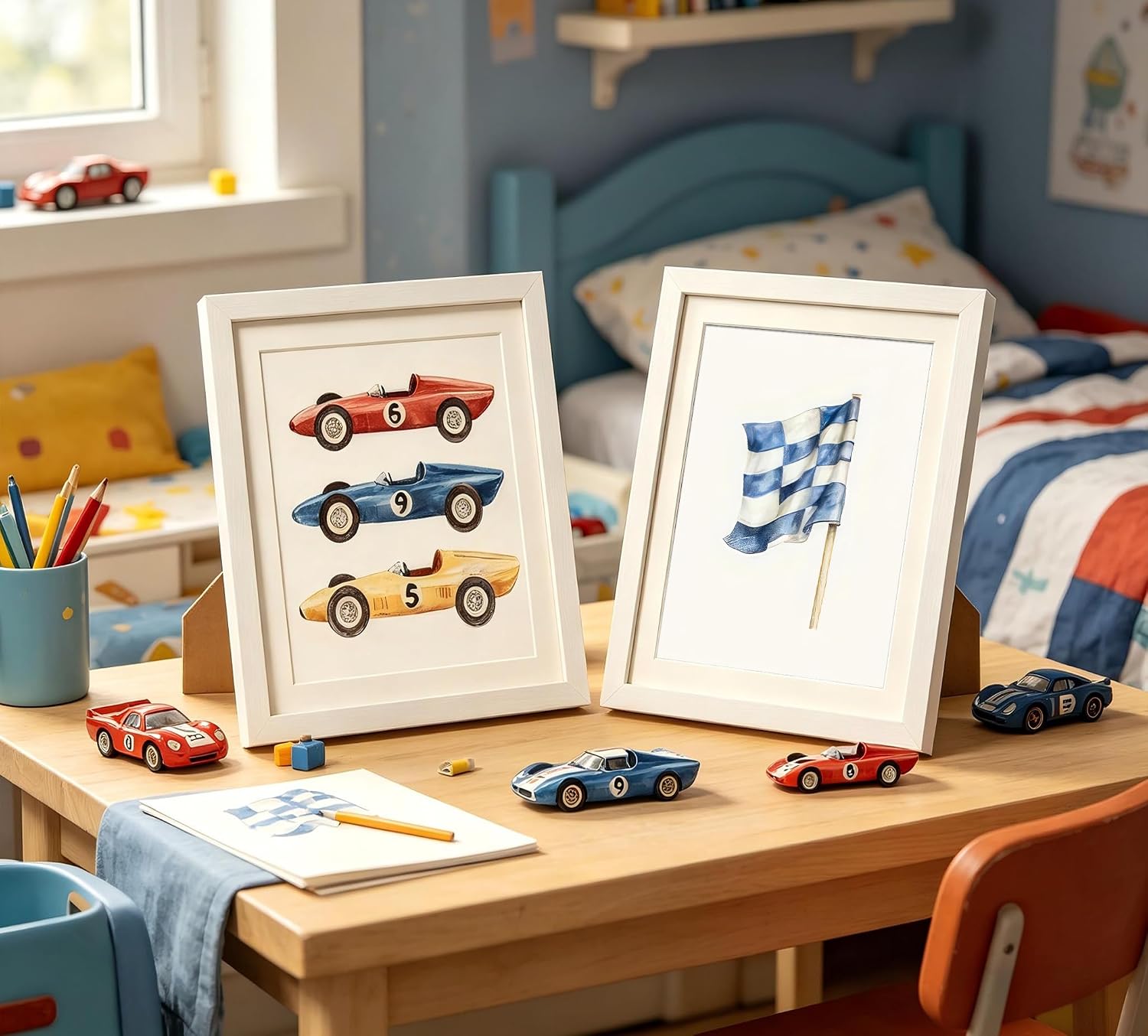 Set of 6 Nursery Race Car Wall Art Vintage Boys Room Wall Decor Navy Blue Vehicle Pictures Teddy Bear Poster Prints Racing Car Art for Boys Bedroom Playroom Home Decoration 8x10Inch Unframed