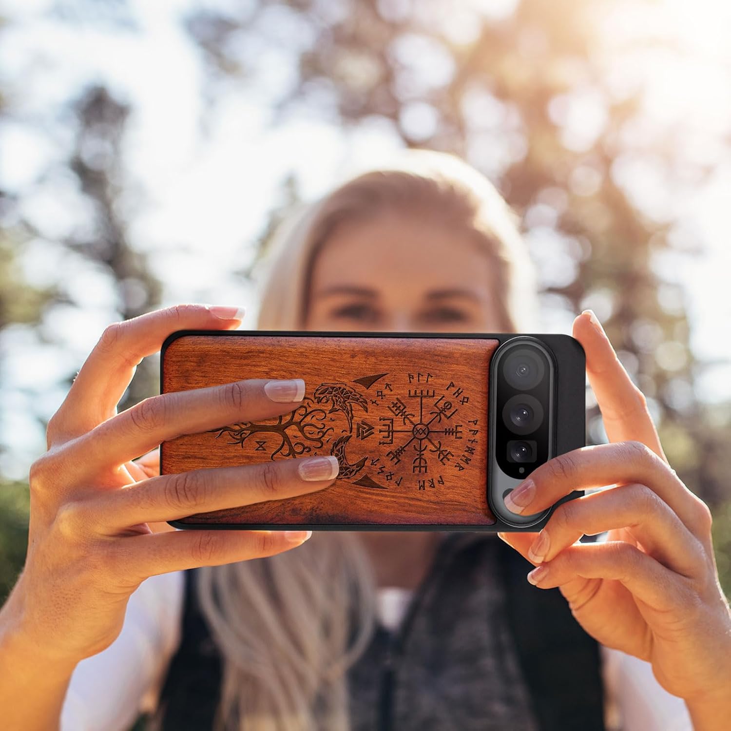Carveit Wood Case for Pixel 9 Pro Case [Natural Wood & Black Soft TPU] Shockproof Protective Unique Wooden Cover Compatible with Google Pixel 9 Pro (The Guiding Vegvisir-Rosy)
