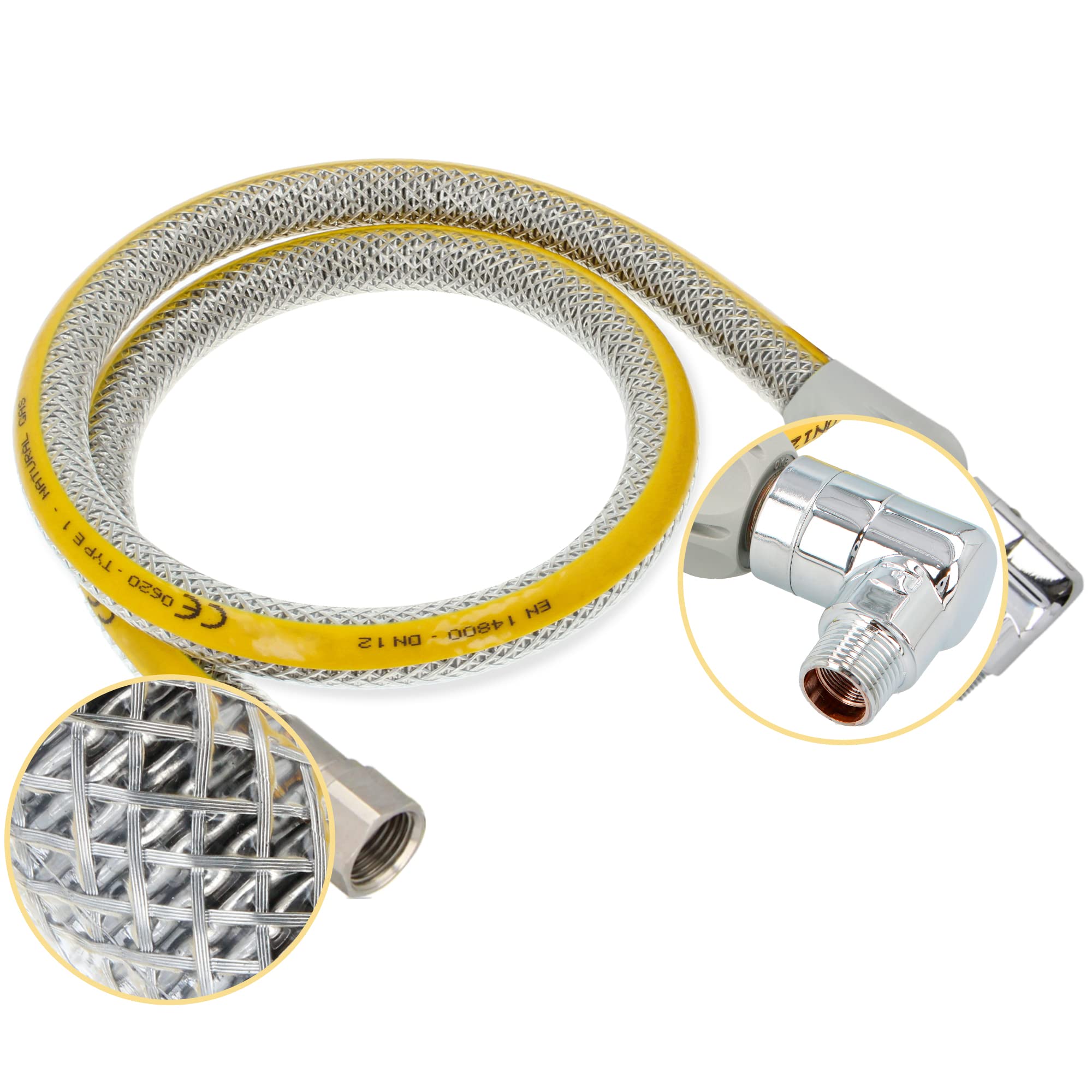 Flexibler Gasschlauch mit Schnellkupplung 1/2''IG x 1/2'' AG 1250 mm Propan Butangasschlauch DN12 Edelstahl PVC Butangas Gasanschlussschlauch Schnellkupplung Gasflaschen Campinggeräte Gaskocher Grill