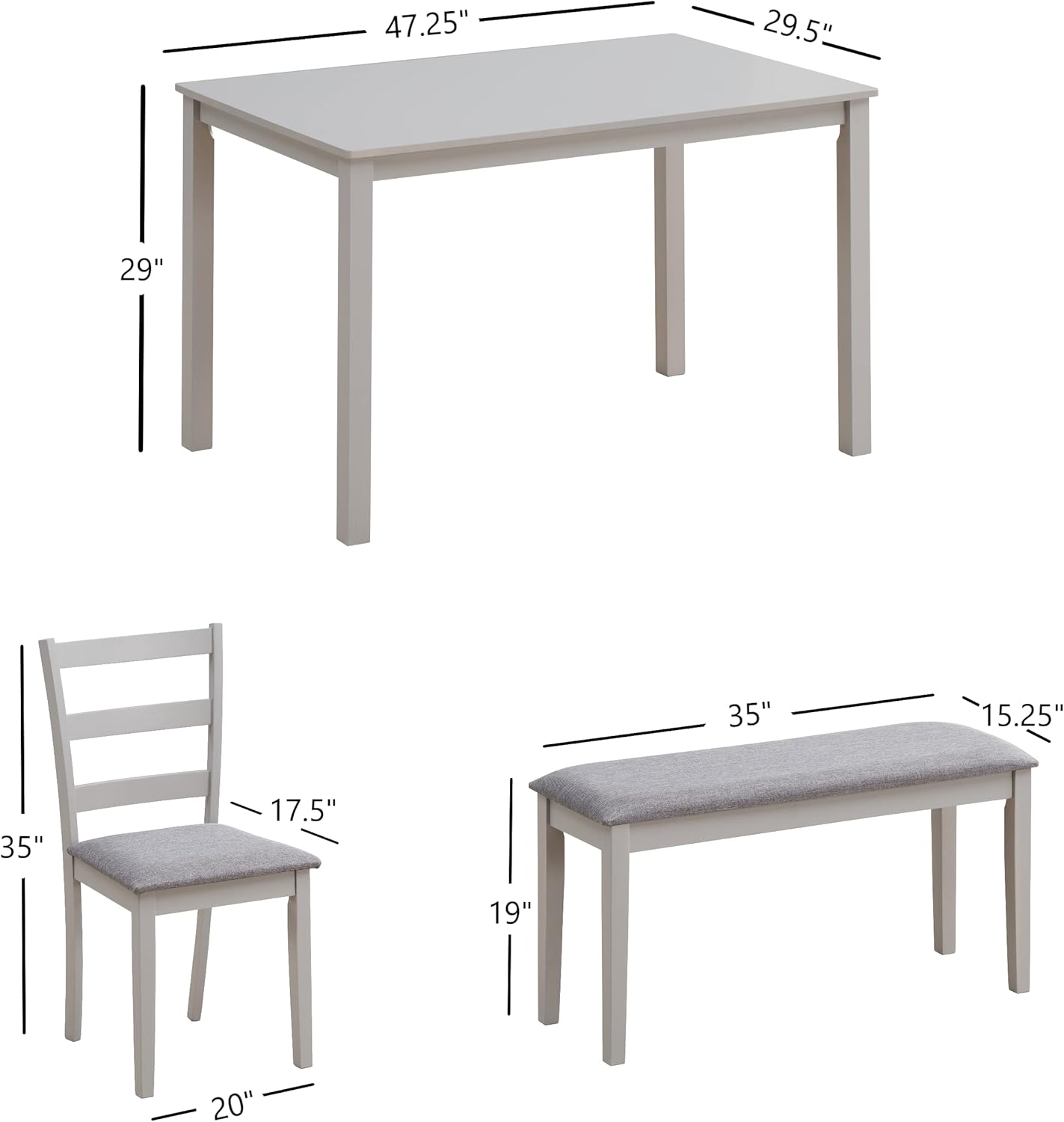 5 Piece Dinette Dining Table Set for 4 - Kitchen Table, Chairs & A Bench Set with Wood Frame and Linen Padded Seats - Grey - Oliver & Smith - Table & Chair Sets