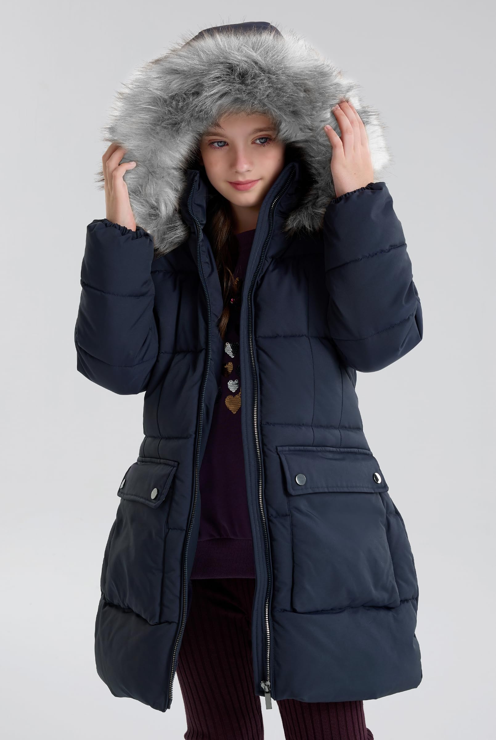 maoo garden Abrigo de Invierno Acolchado para Niñas Parka de Nieve de Plumón de Imitación de Peso Pesado Chaqueta Resistente al Agua de Piel Borrosa