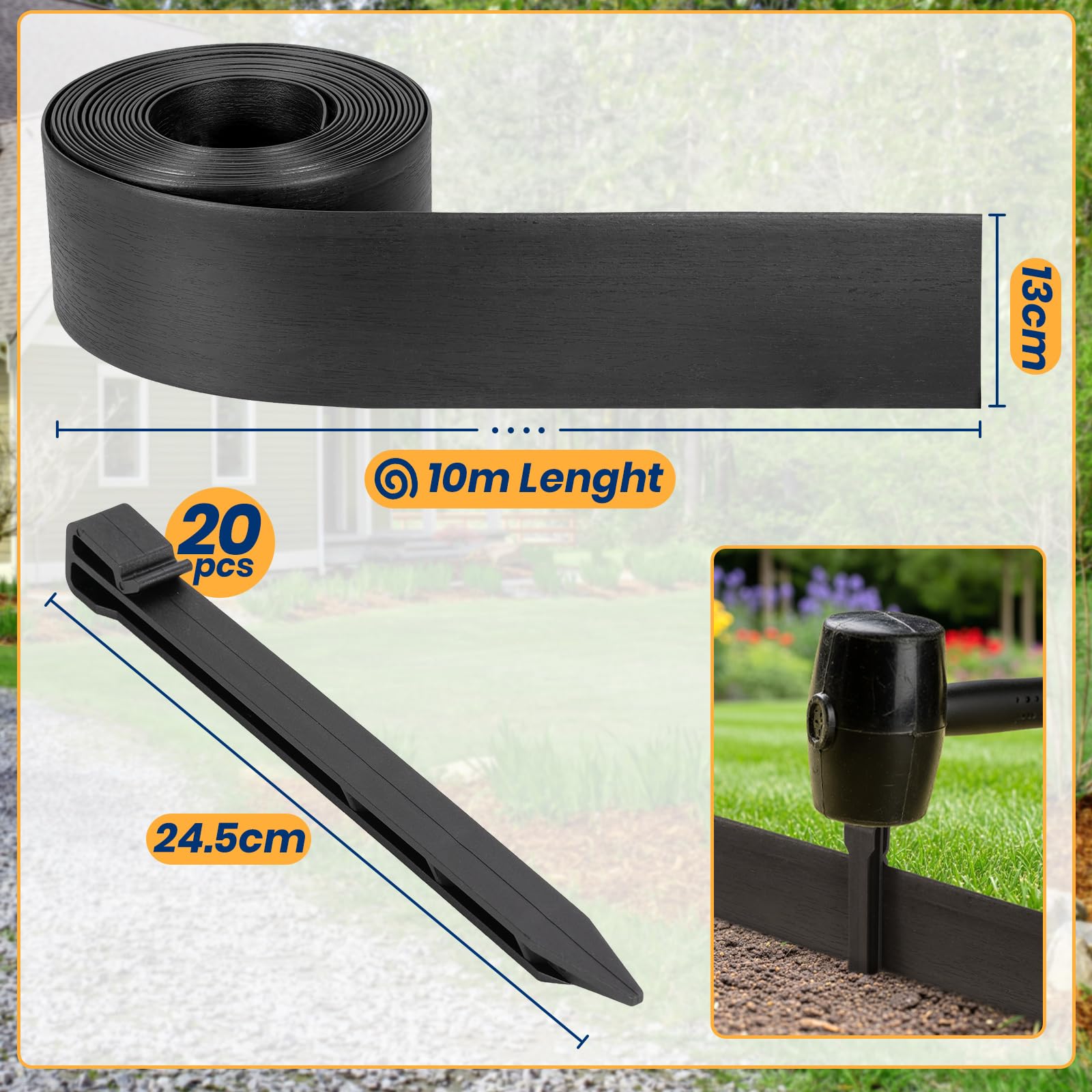 Velway Bordo Giardino Flessibile Lunghezza 10m, Altezza 13cm, con 20 Picchetti - Bordatura da Giardino in Plastica per Prato, Aiuole e Sentieri, Nero