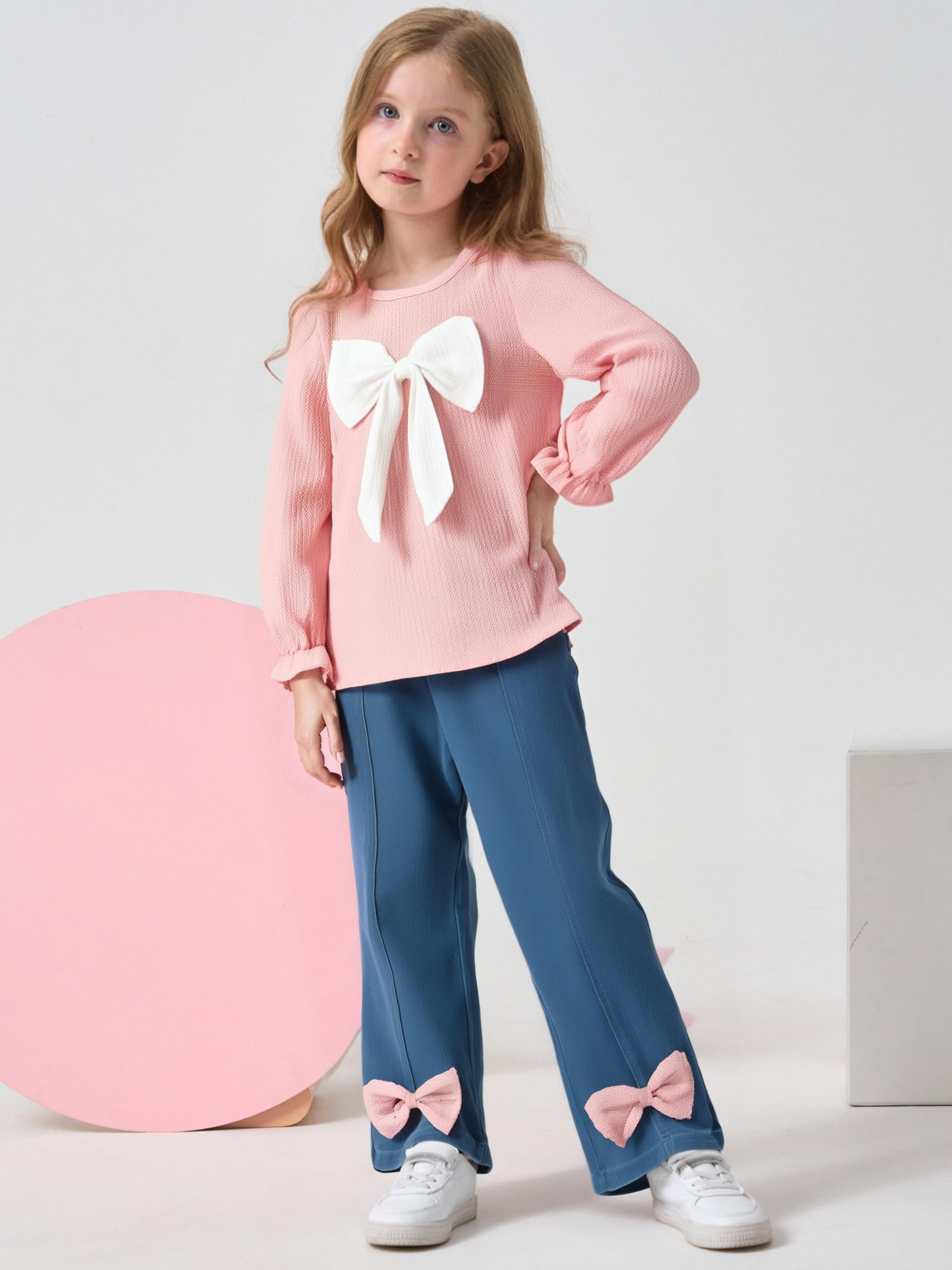 Axumity Conjunto de 2 piezas de ropa de primavera y verano, lindo lazo de manga larga + pantalones de mezclilla