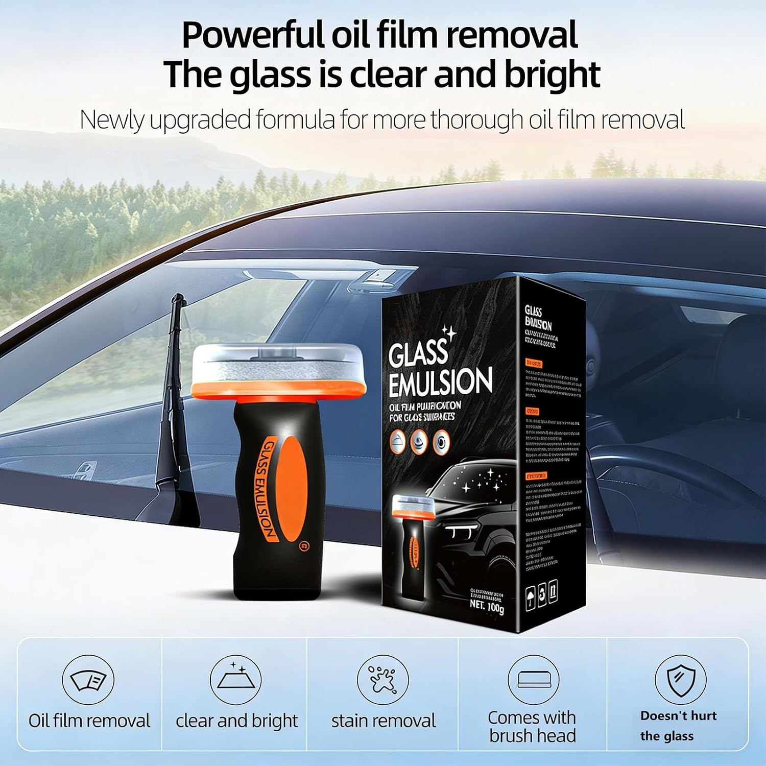 【2PCS】 Glass Emulsion Cleaner, Car Windshield Cleaner Tool Roll-On Glass Compound with Cleaning Board, Removes Oil Film & Smudges, Improve Windshield Clarity for Safe Driving (100ml+Brush)*2 image 4