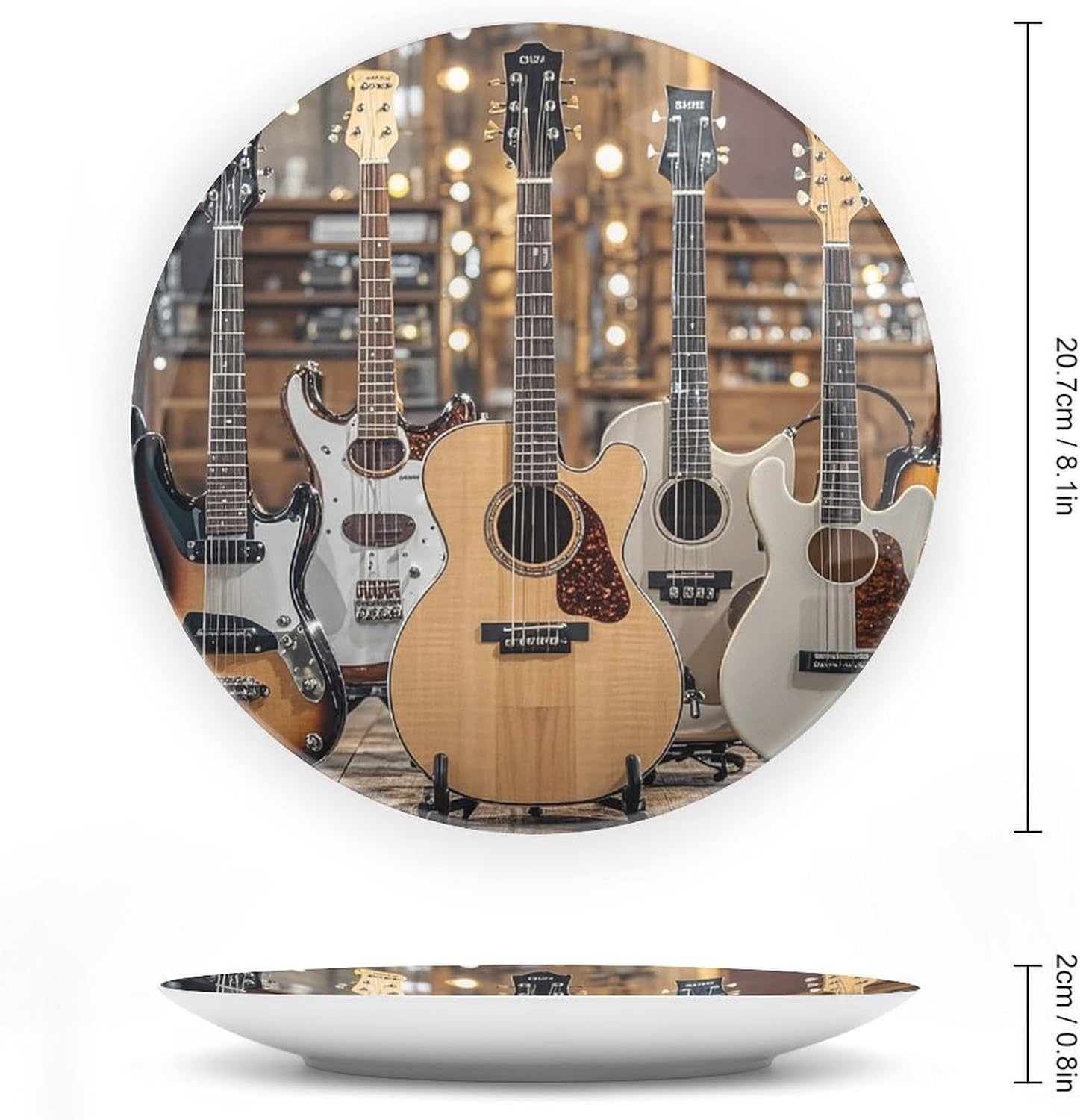 Bone China Decorative Plates with Stand 8inch, Guitar Bass Music Musical Instruments Plate Decor Handmade Art Decors Round Ceramic Display Plates for Kitchen Party Living Room Table Porcelain Plate De