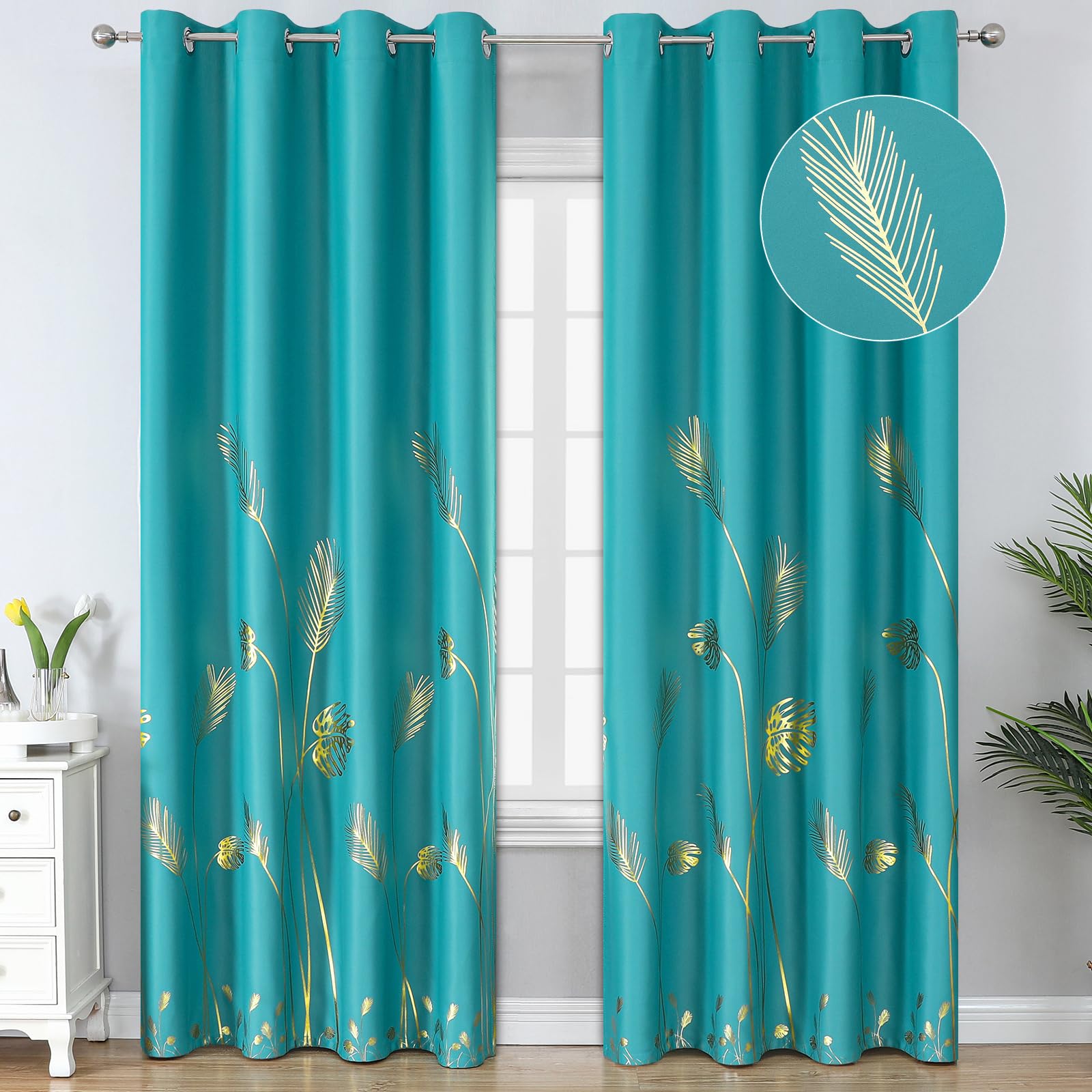 Estelar Textiler Teal Blackout Curtains 102 Inches Long, Grommet Curtains with Gold Palm Tree Pattern, Light Blocking Thermal Insulated Window Drapes
