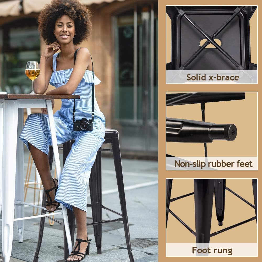 Metal Bar Stools Counter Height Indoor Outdoor Stackable Set of 4 Barstools 30" Backless Restaurant Kitchen Dining Chairs Patio Bistro Pub Trattoria Tolix Industrial Stools Hold Up to 330Lbs, Black