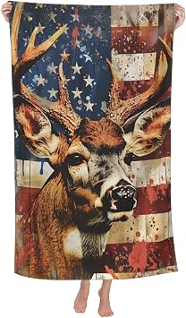 Microfiber Beach Towel, American Flag Deer Beach Towels 32x52in,Quick Dry, Sand Free, Ultra Soft & Oversized Towel for Travel, Outdoor, Bathroom, Swimming - Ideal for Pool, Camping, Yoga, Gift Decor