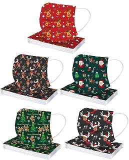 50Pcs Christmas Disposable Face_Masks for Adults, 3Ply Breathable Protective Disposable_Masks with Santa Claus Deer Designs