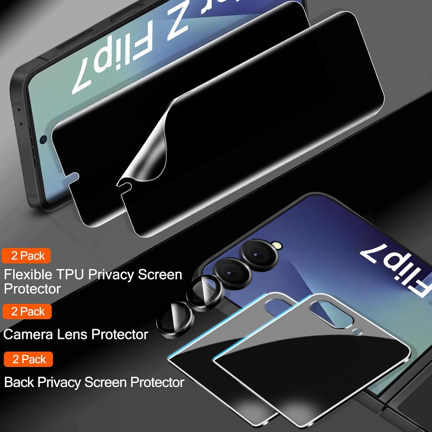 IMBZBK [Auto Installation] 2 Pack Privacy Screen Protector for Samsung Galaxy Z Flip 7, 2 Inside Anti-Spy Film + 2 Front Tempered Glass + 2 Camera Lens Protector Accessories